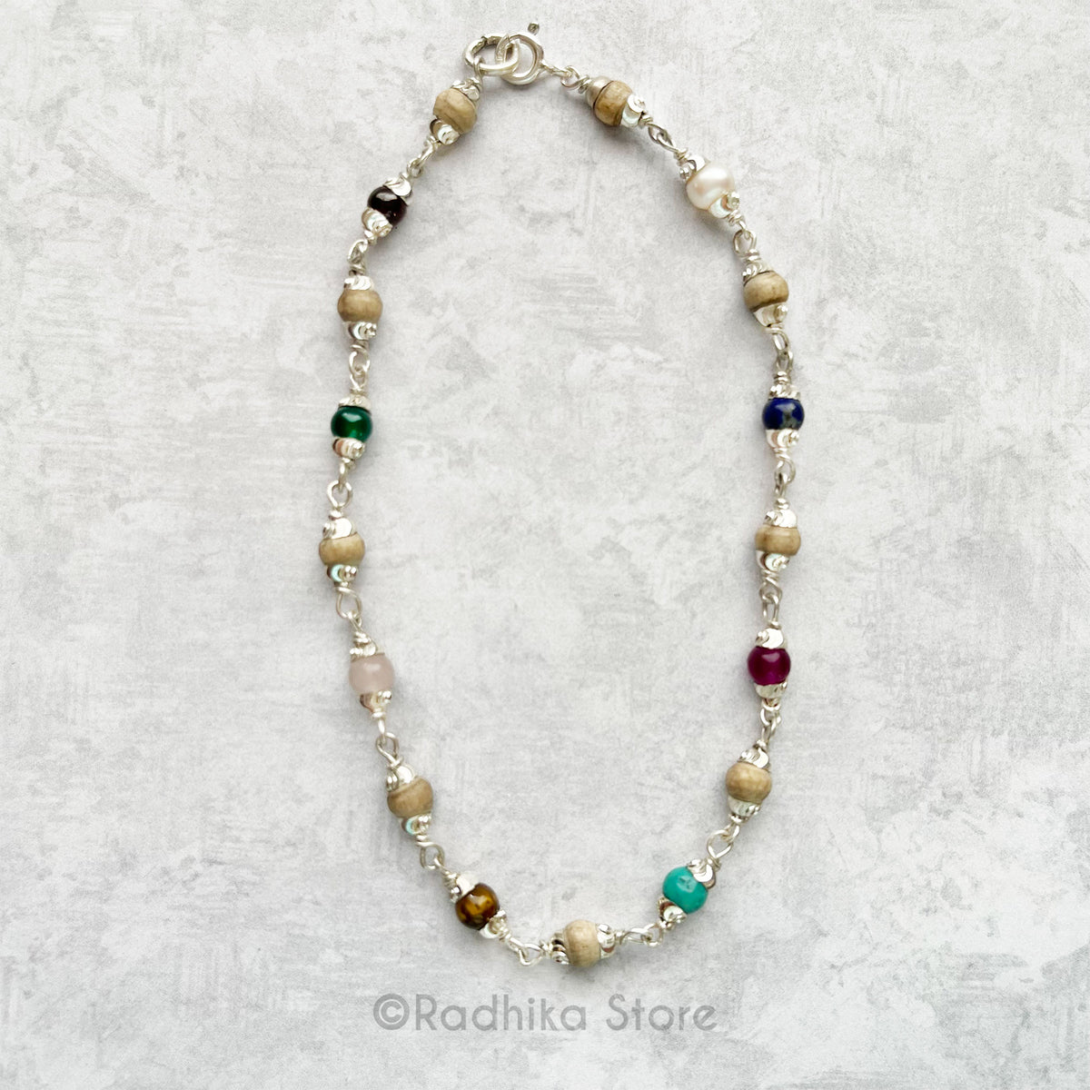 Semi Precious Stones Silver Tulsi Deity Necklace