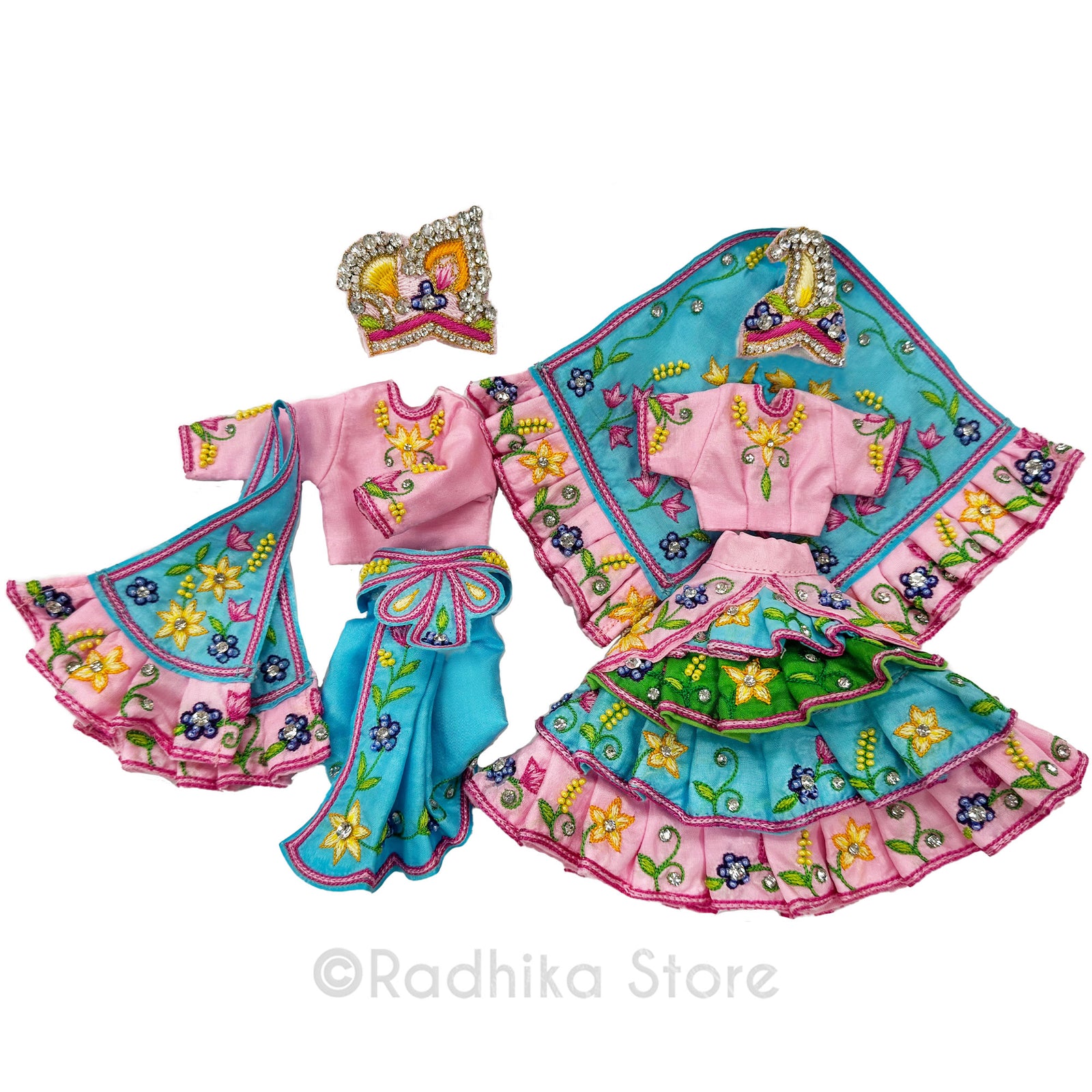 Madhurya Lila - Pink Blue and Green - Silk - Radha Krishna Deity Outfit