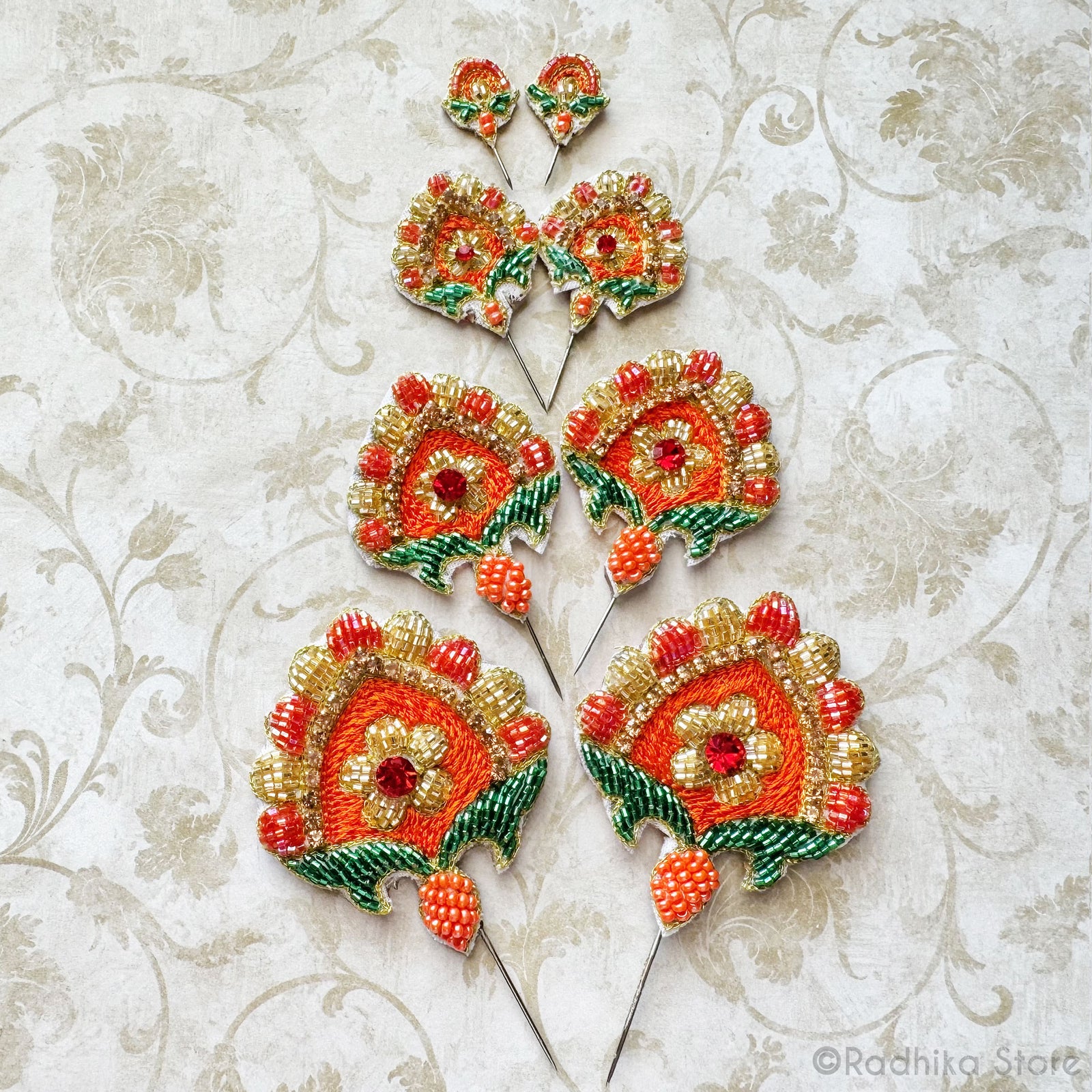 Festival Fan - Orange - Embroidery Turban Pins - Set of 2