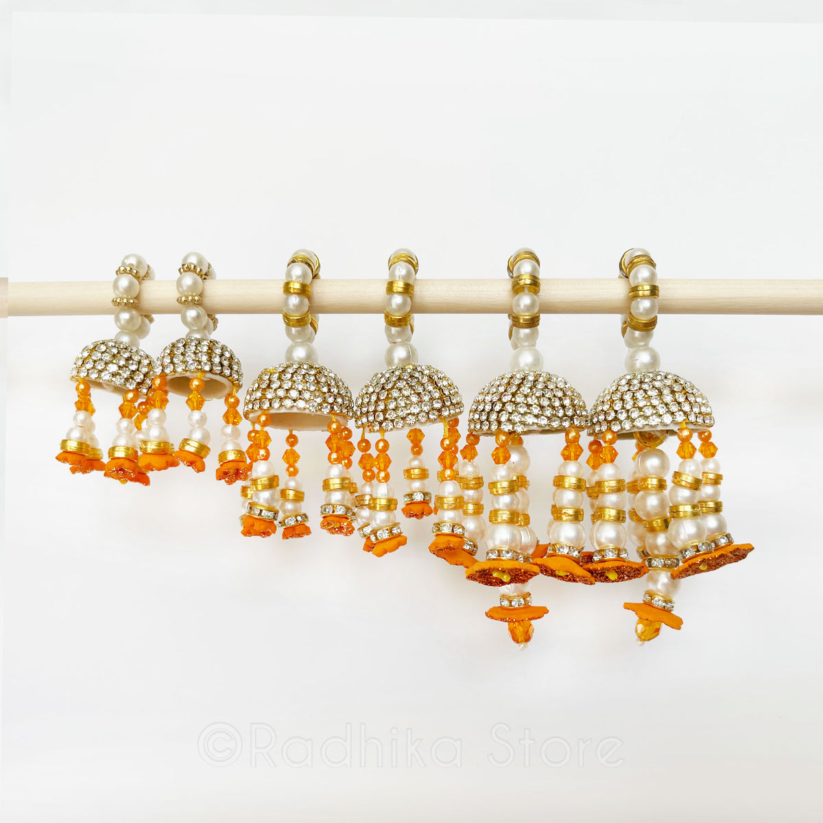 Vrindavan Flower Bell Bangles - Green, Orange and Pink - Set of 2