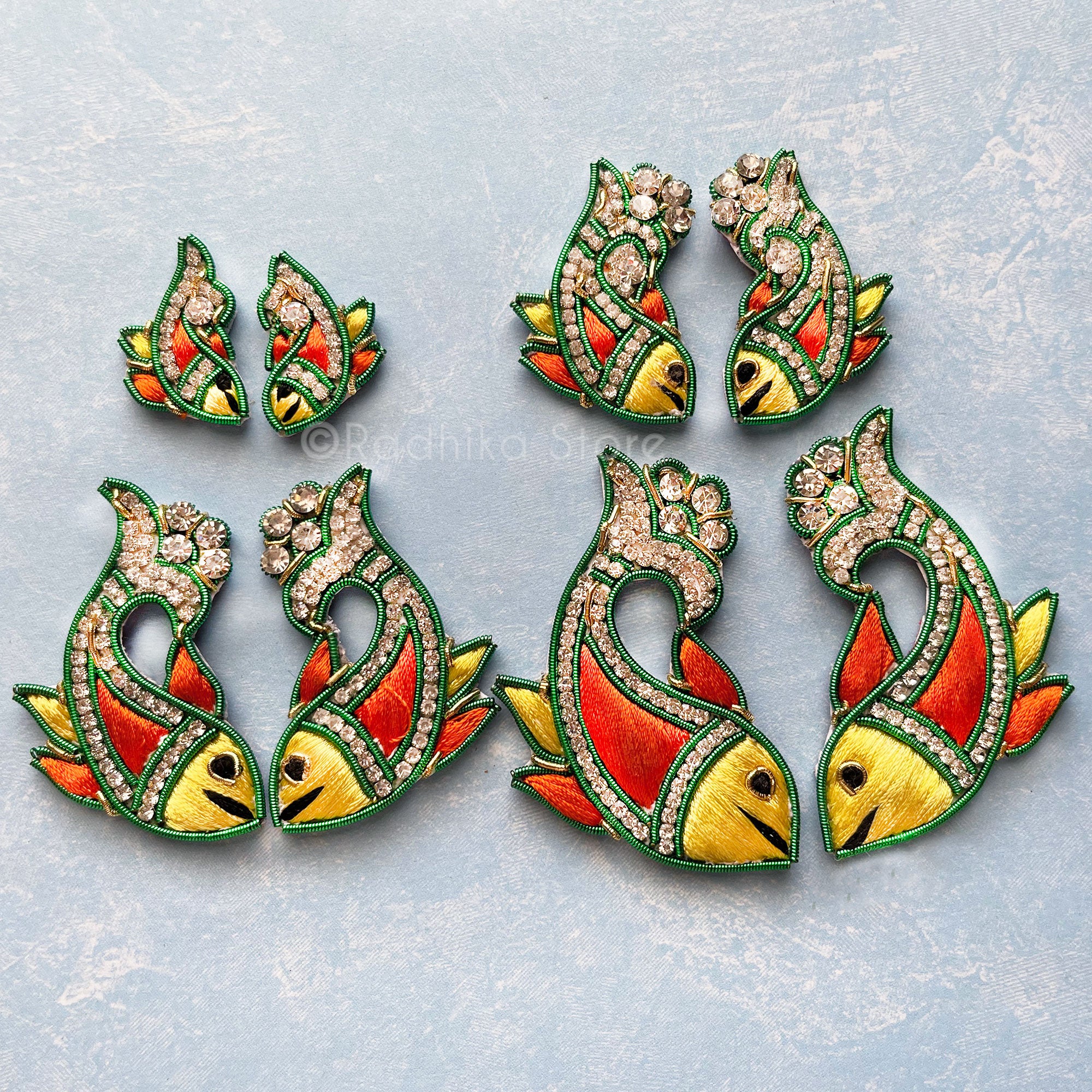 Orange Yellow and Green - Matsya Embroidery - Set of 2 Turban Pins/Earrings