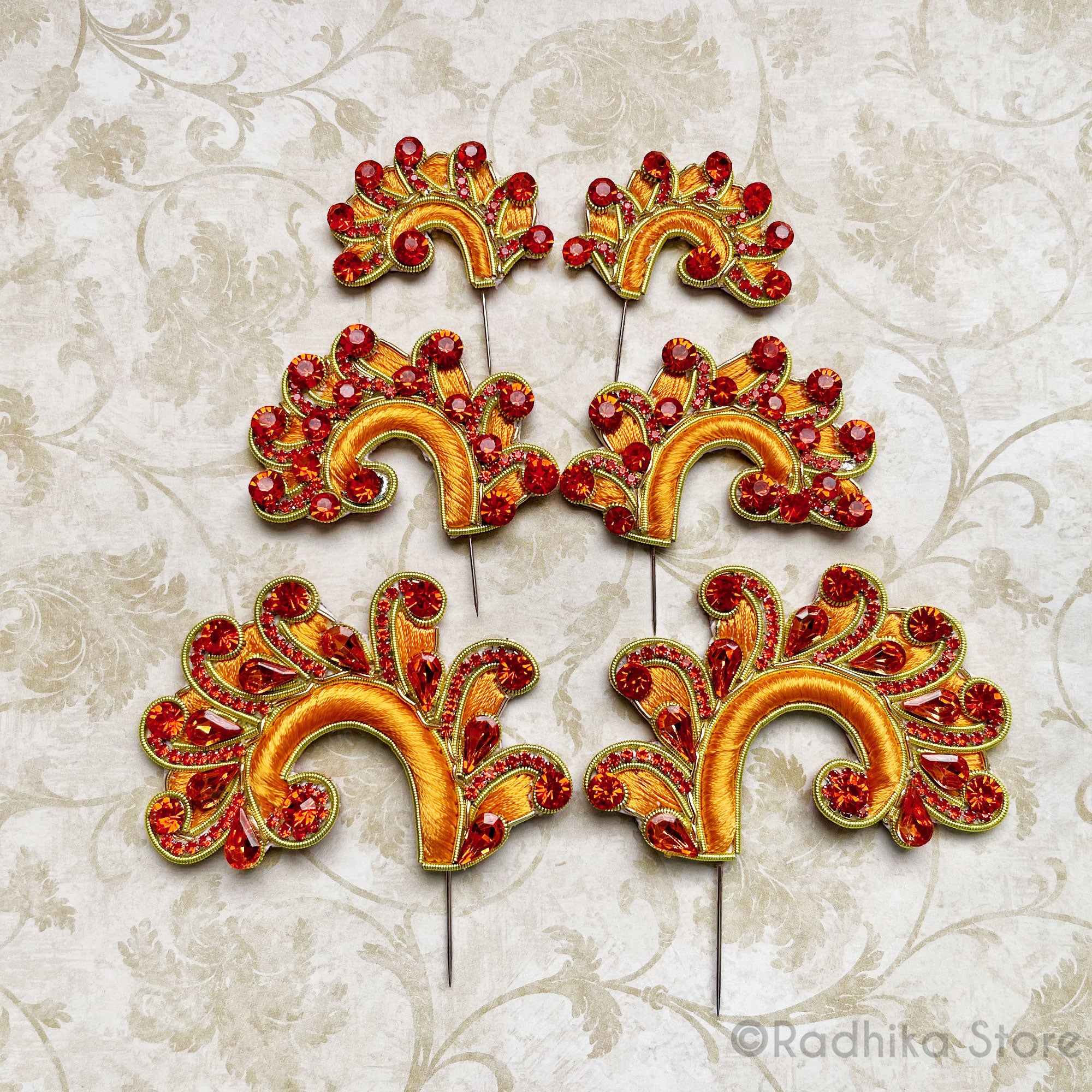 Peacock Curls - Orange - Embroidery Turban Pins Set of 2