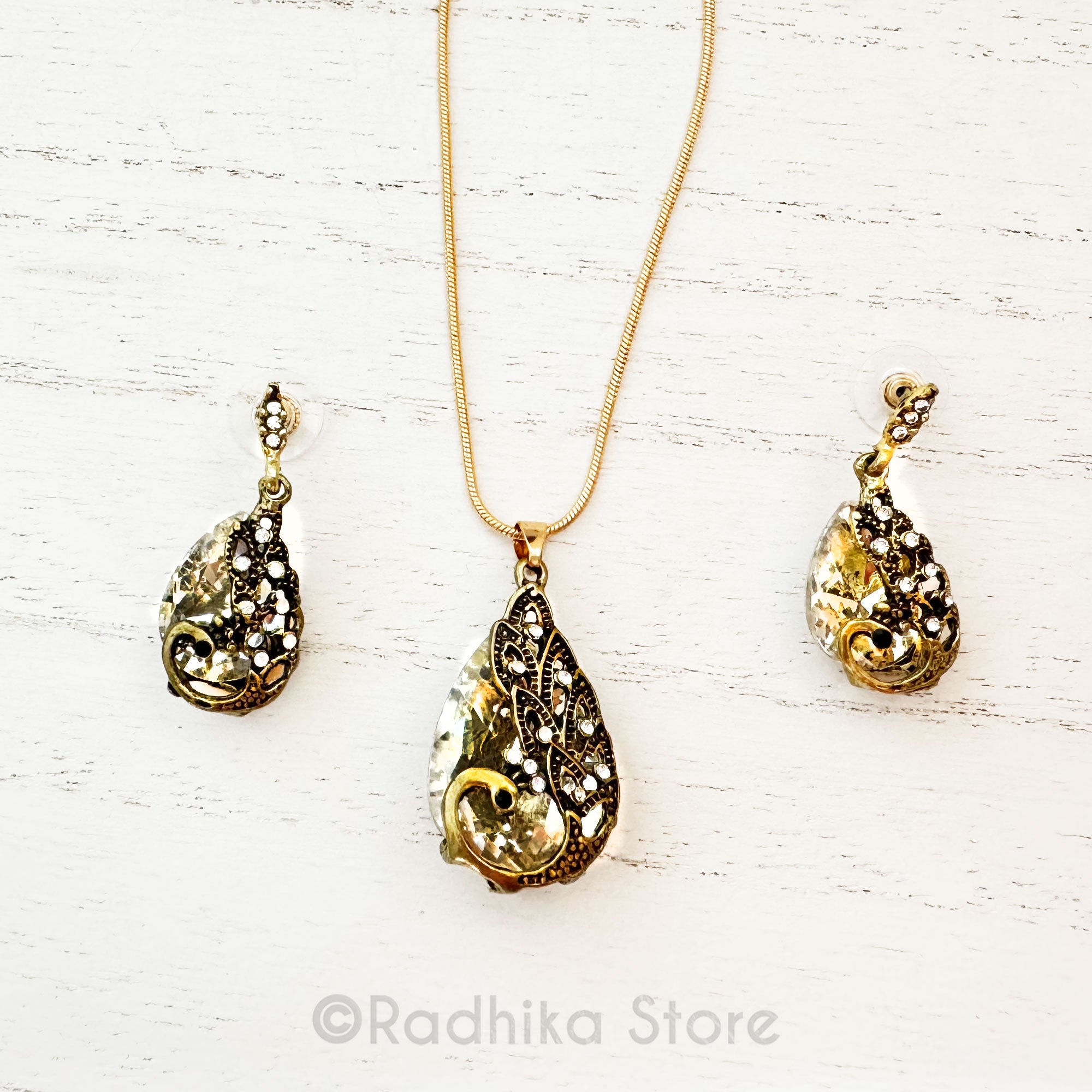 Diamond Peacock Tears Crystal Rhinestone Deity Necklace And Earring Set