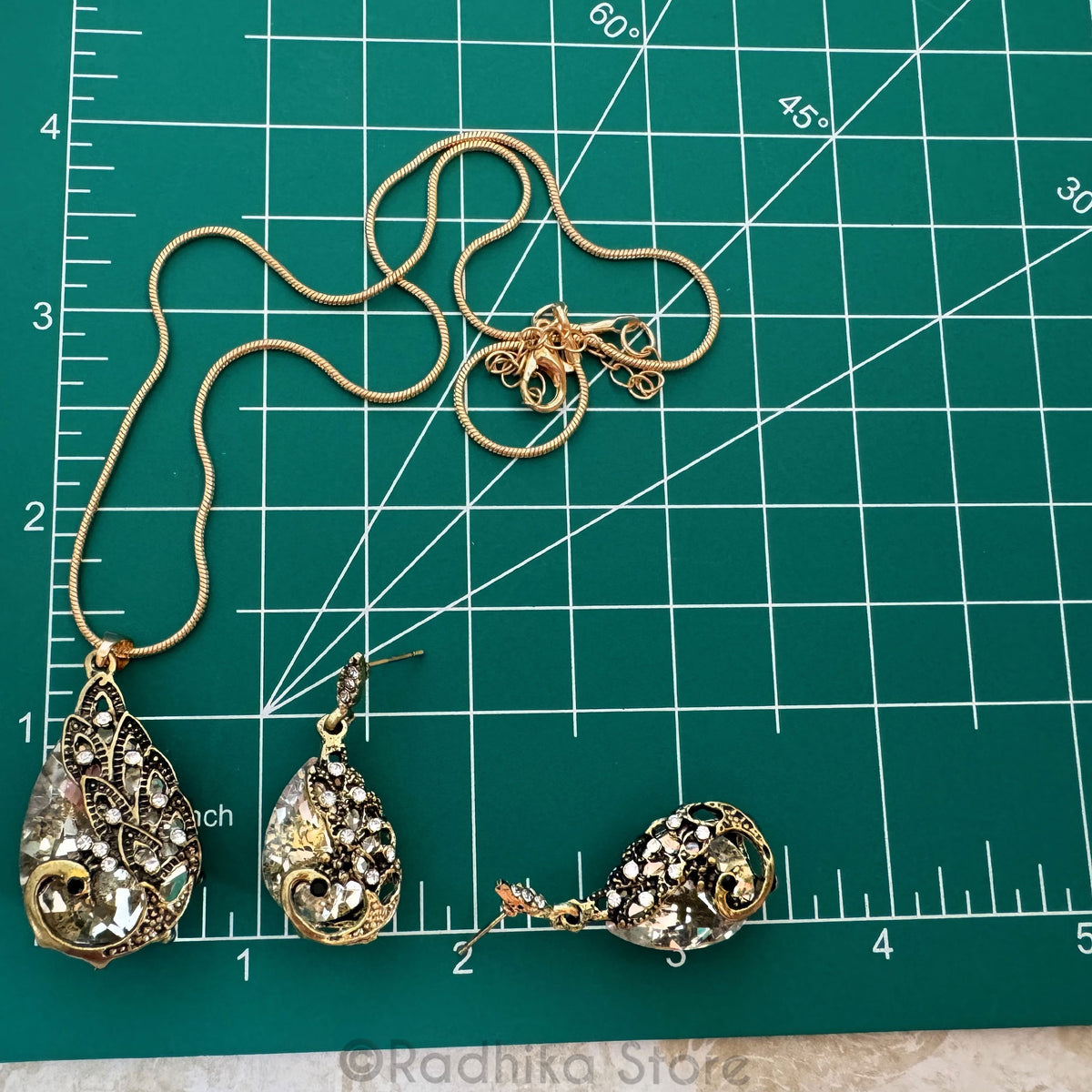 Blue Sapphire Peacock Tears Crystal Rhinestone Deity Necklace And Earring Set