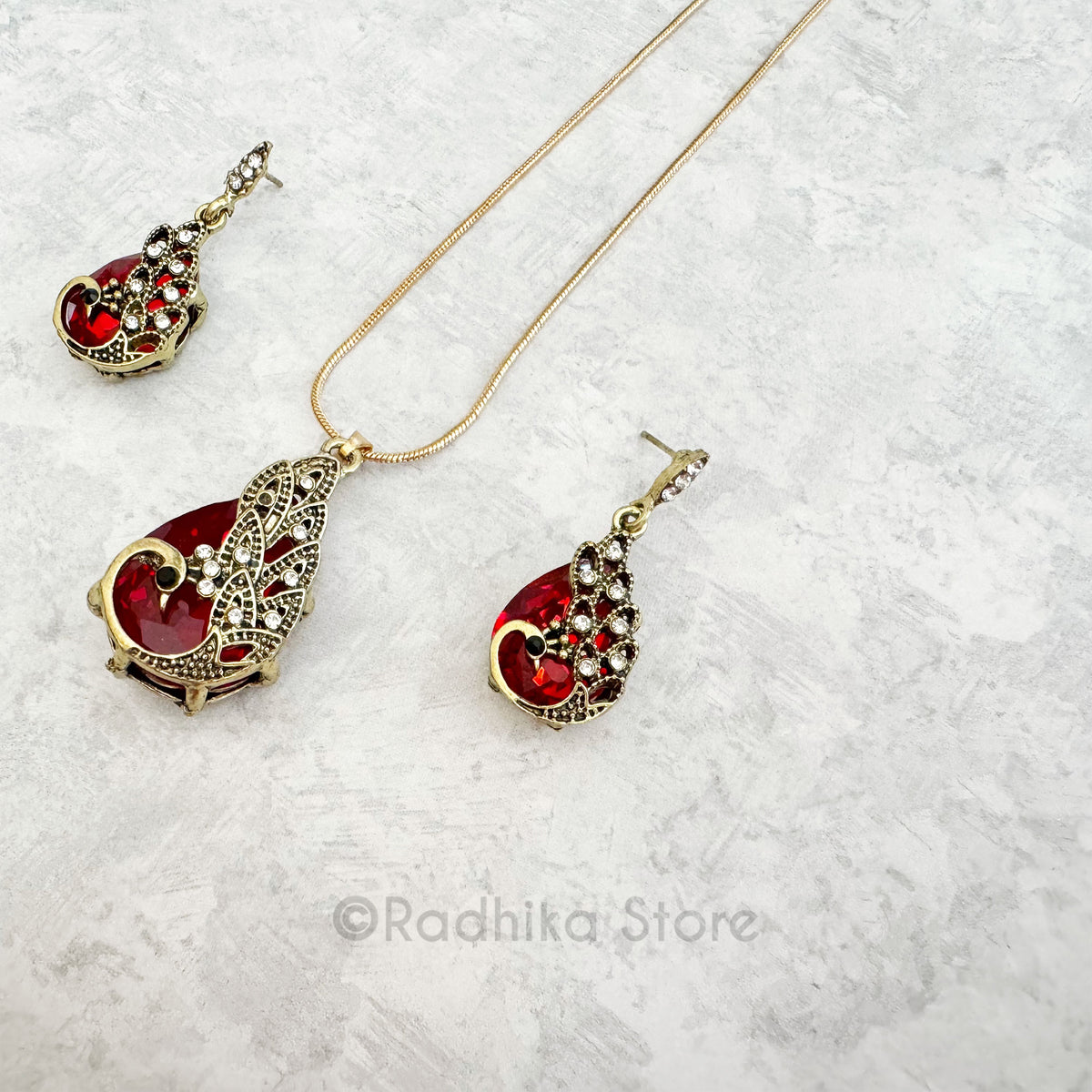 Ruby Peacock Tears Crystal Rhinestone Deity Necklace And Earring Set