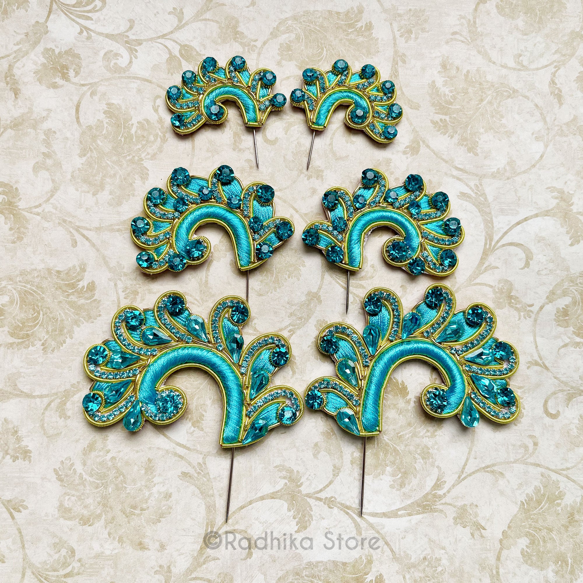 Peacock Curls - Teal Blue - Embroidery Turban Pins Set of 2