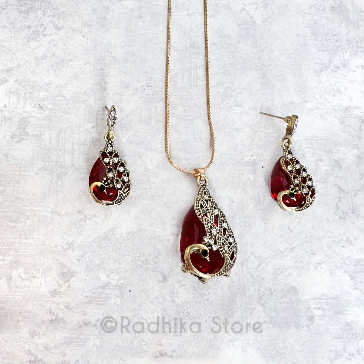 Ruby Peacock Tears Crystal Rhinestone Deity Necklace And Earring Set