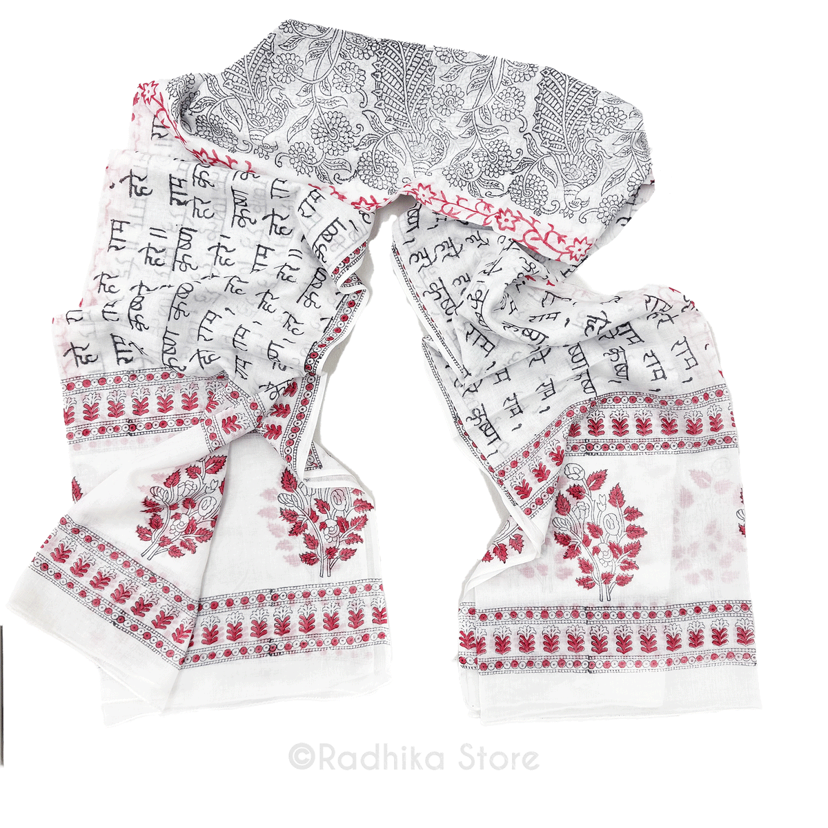 Maha Mantra Chadar - White and Red - Vrindavan Peacocks