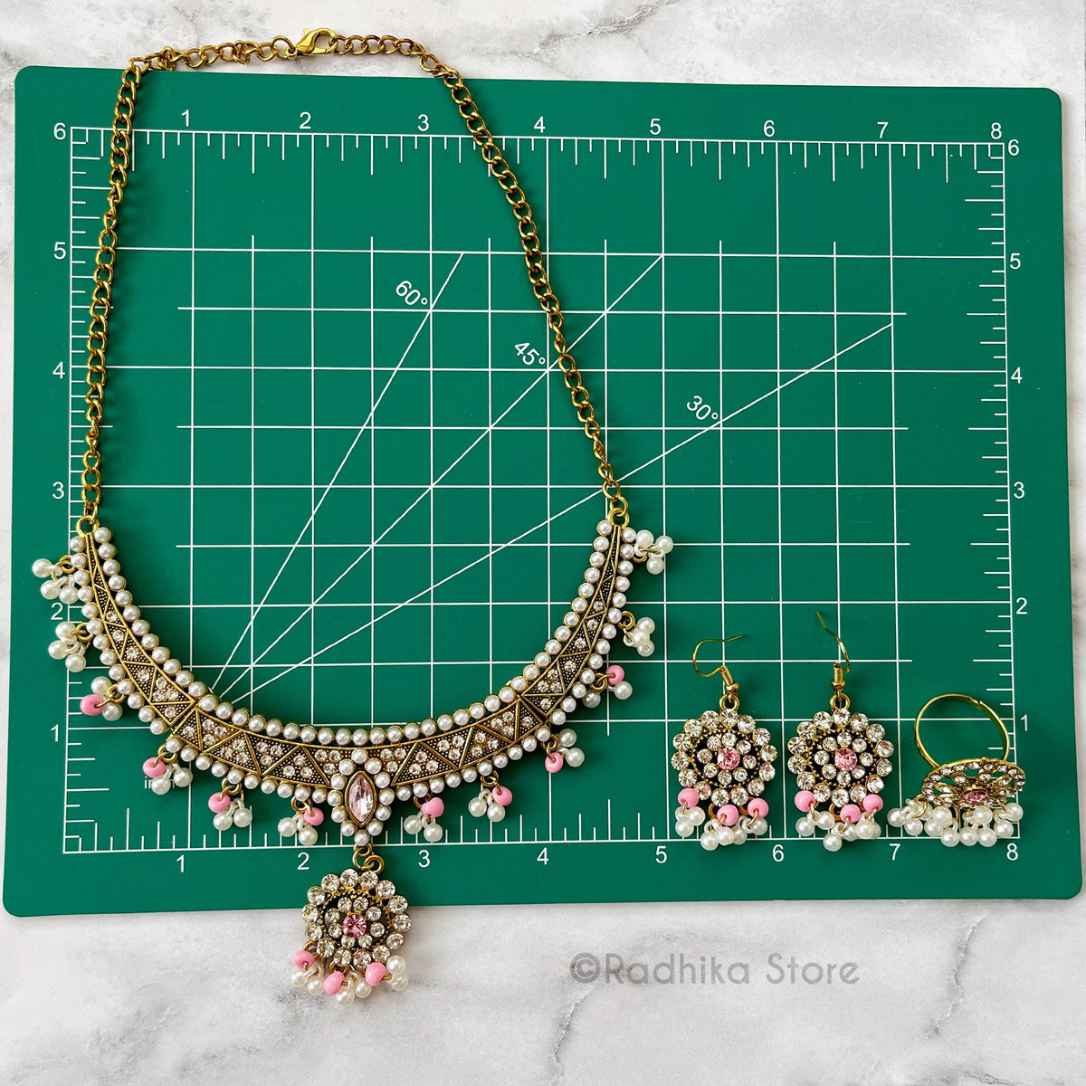 Pearl Jhumka - Deity Necklace Set - Teal or Red