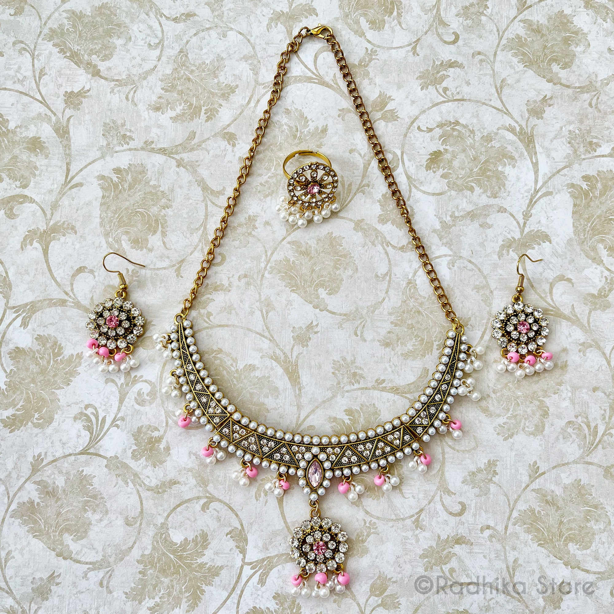 Pearl Jhumka - Deity Necklace Set - Pinks