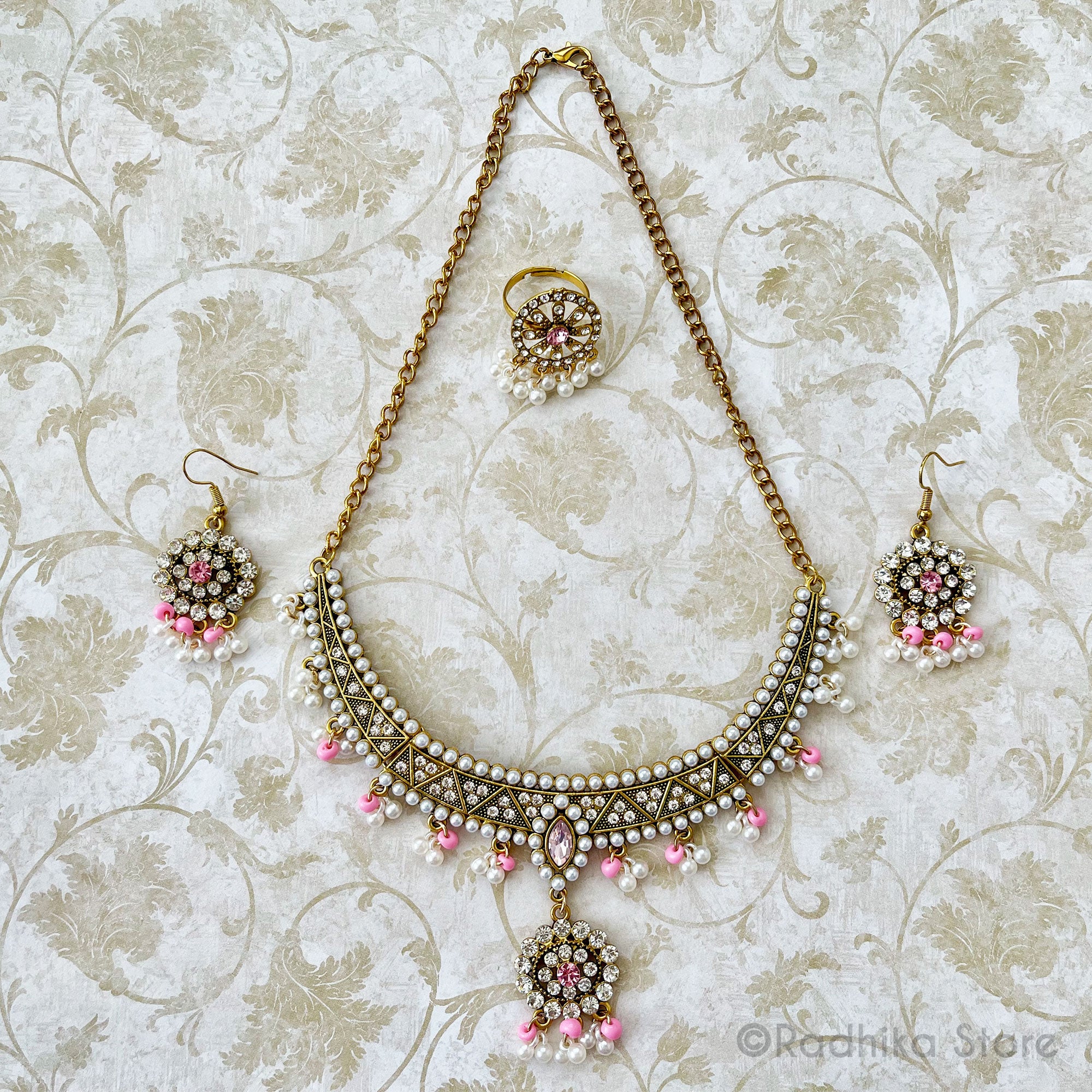 Jhumka Rhinestone Pearl Jhumka - Deity Necklace Set - Pinks - Radhika Store