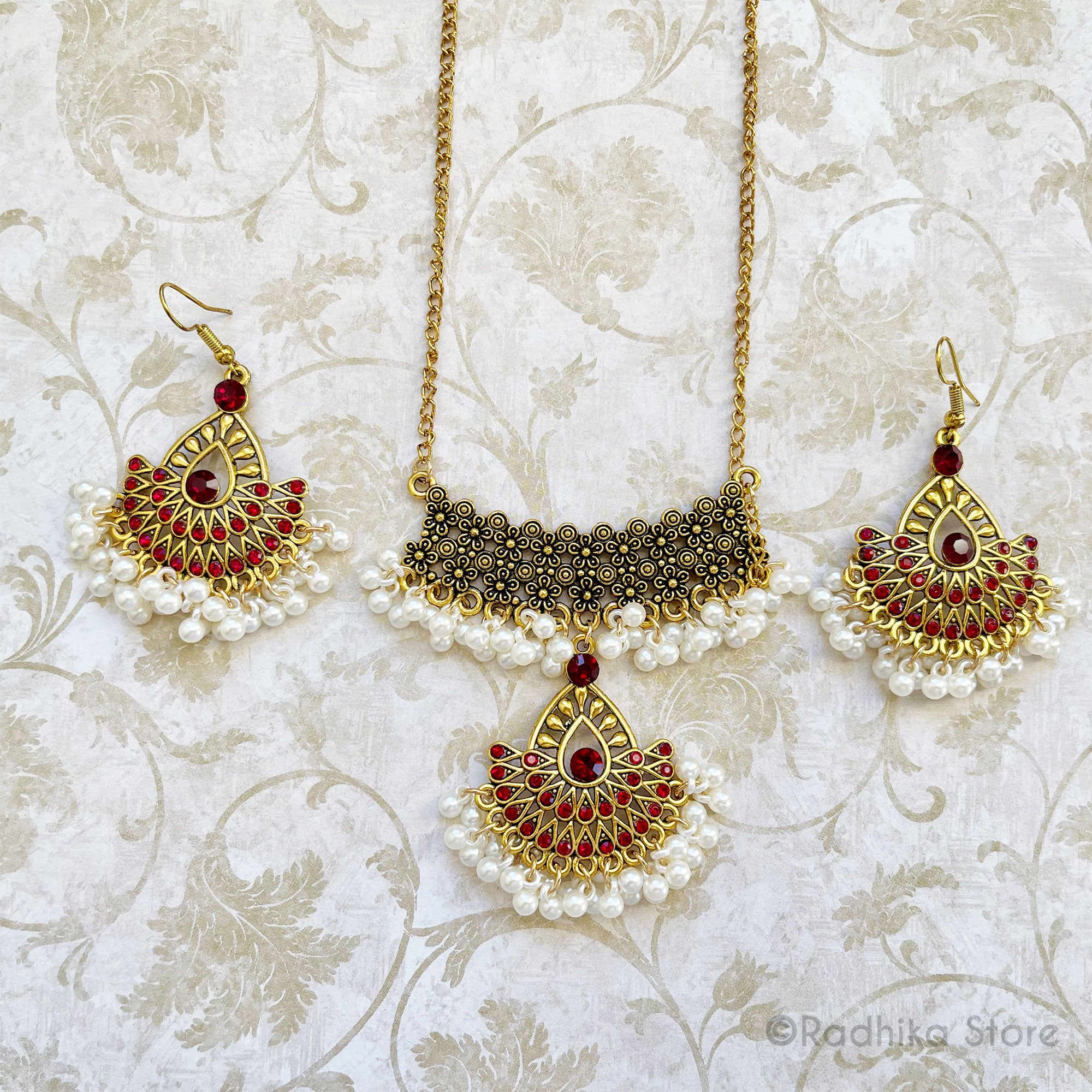 Pearl Jumka -  Gold and Ruby Necklace And Earring Set