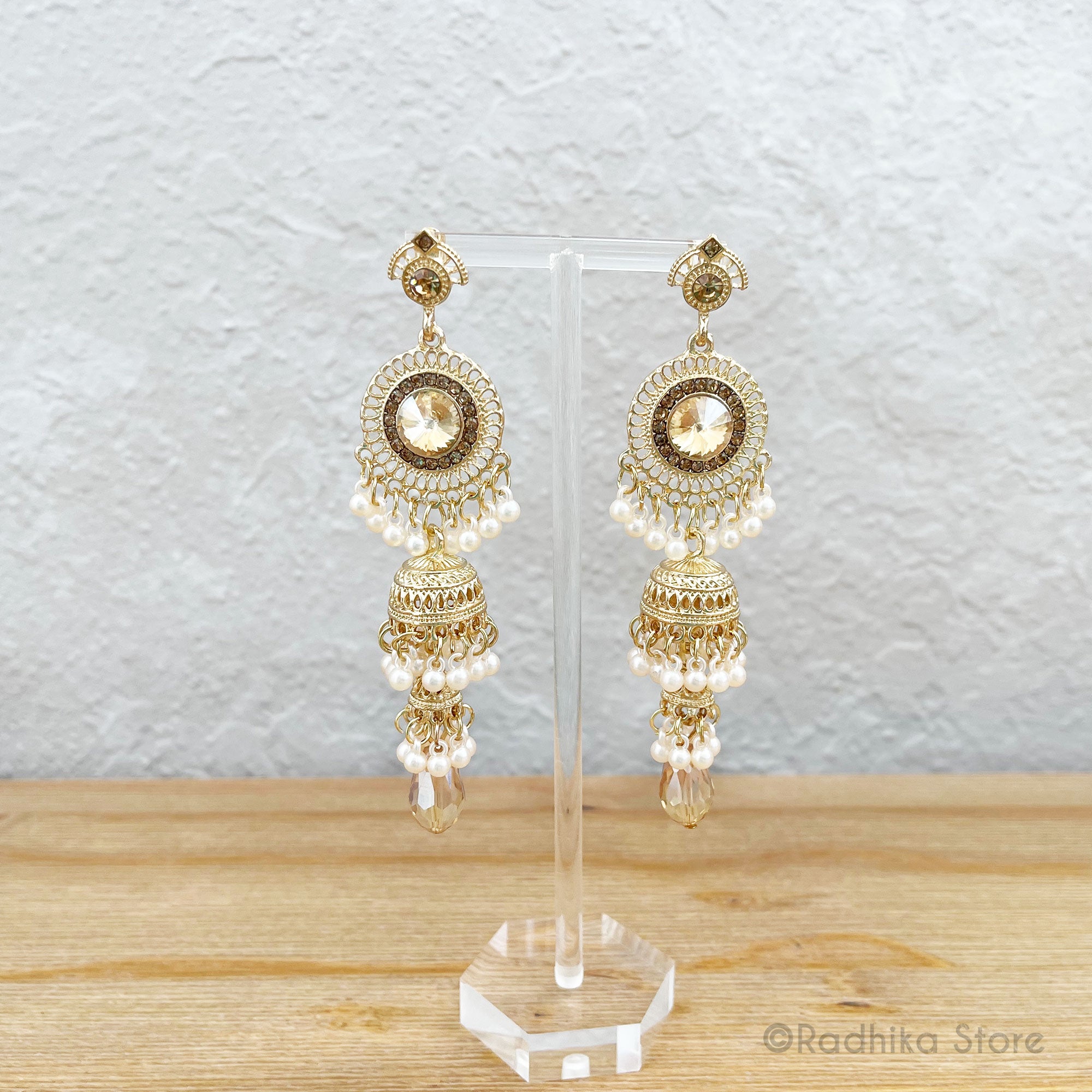 Long Crystal Gong Bell Jhumka - Earrings