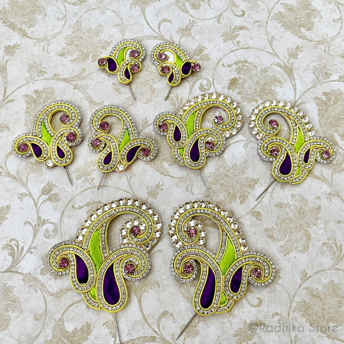 Purple Peridot with Gold Embroidery Turban Pins - Vrindavan Chandrikas - Set of 2