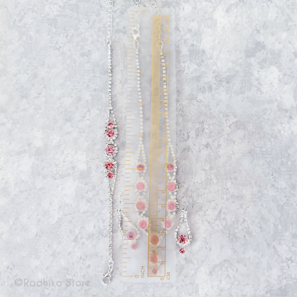 Flower Drops - Rhinestone Deity Necklaces Belt And Earring Set -  Pink or Blue