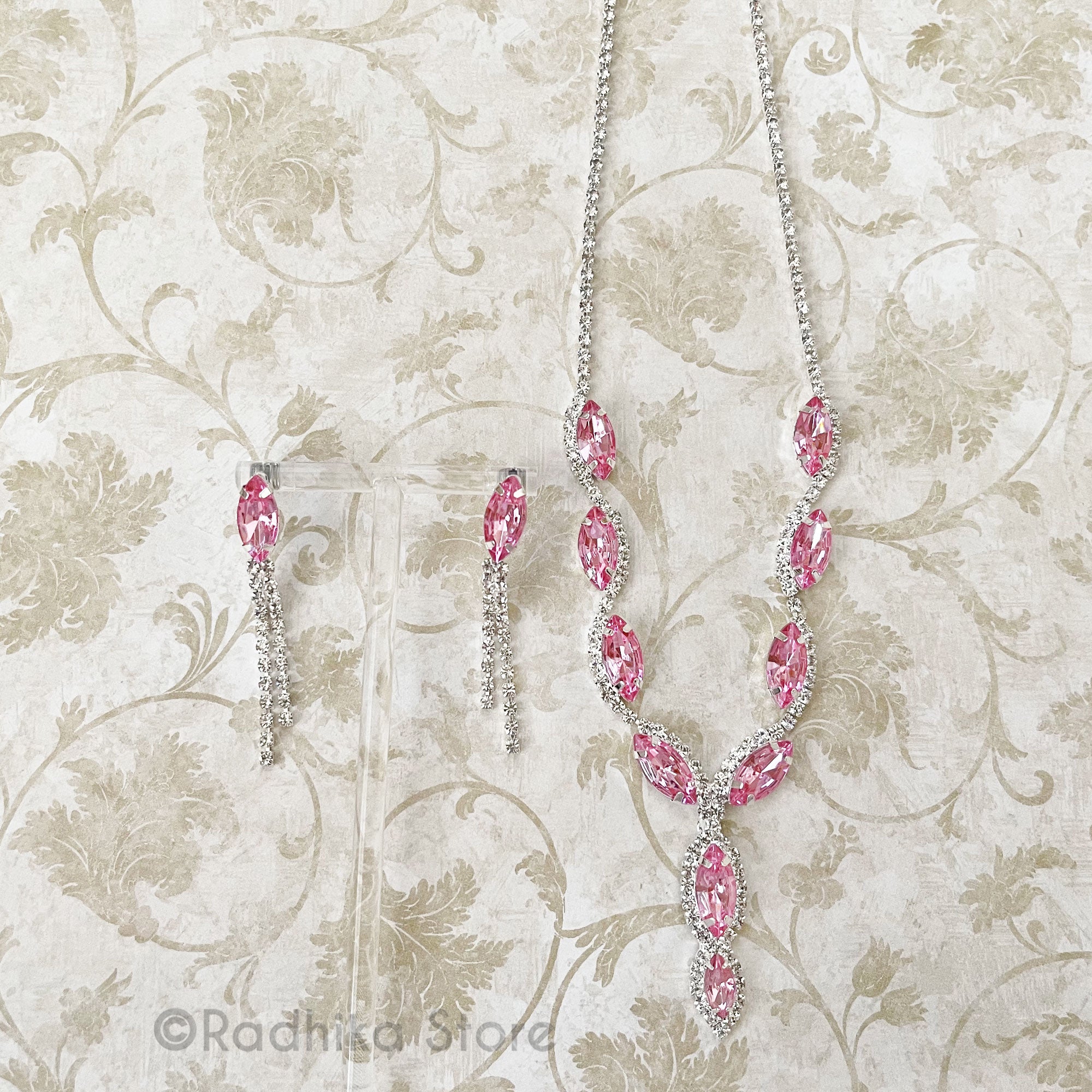 Scalloped Pink Diamond Marquise - Rhinestone Deity Necklace - And Earring Set