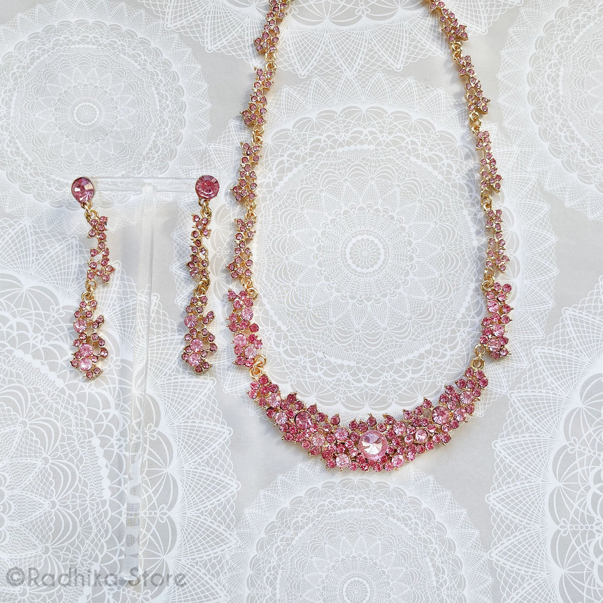 Madhuram - Rhinestone - Deity Necklace And Earring Set- Pink or Light Purple