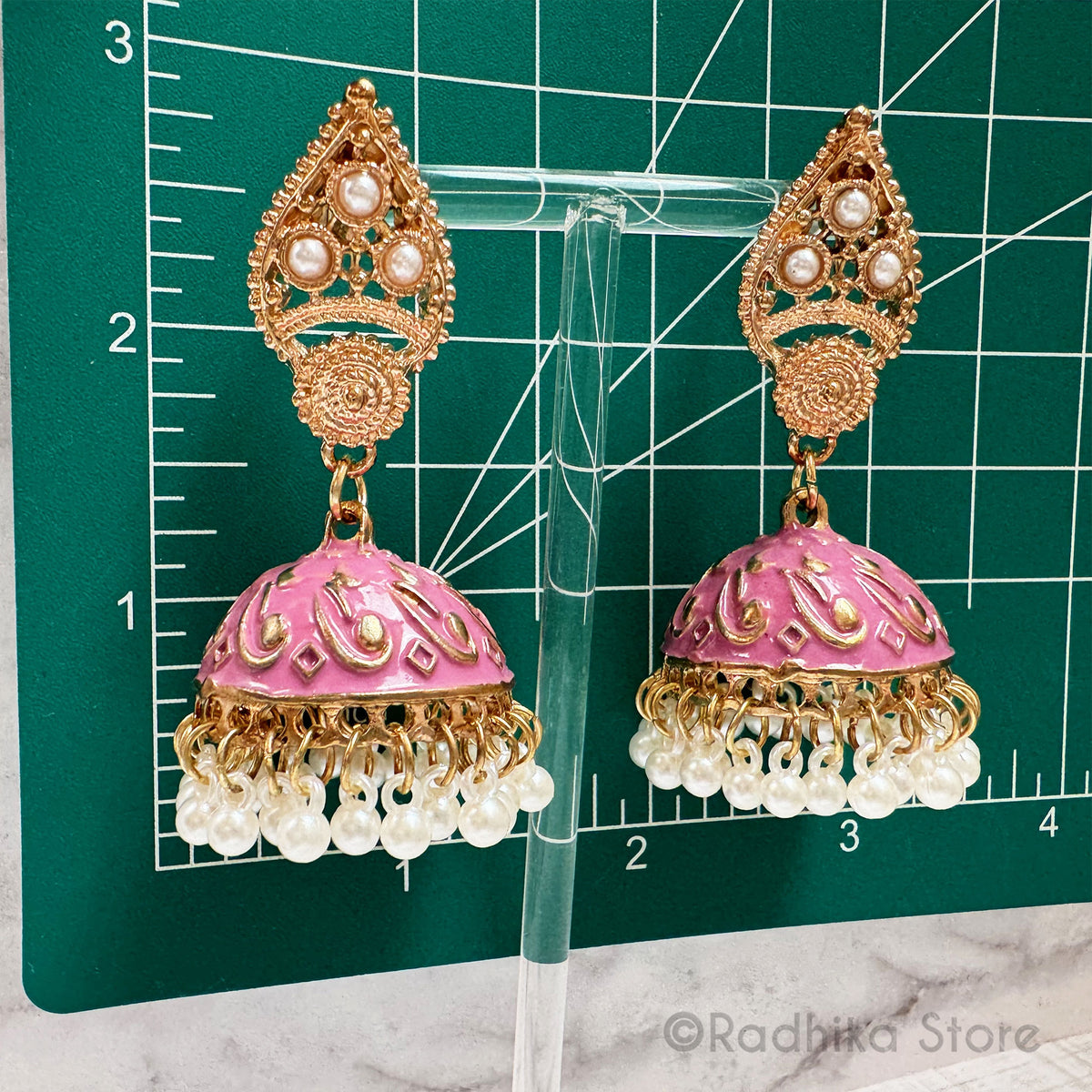 Pink Temple Bells -  Pearl Jhumka Earrings