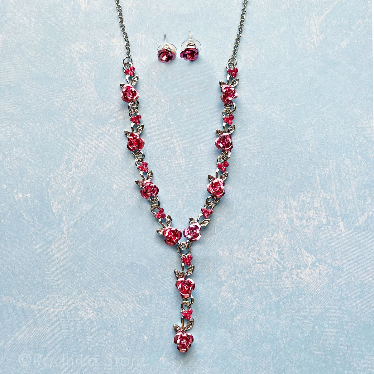 Rose With Silver Vine- 8 Inch - Pink-Red or Teal- Deity Necklaces and Earring Set