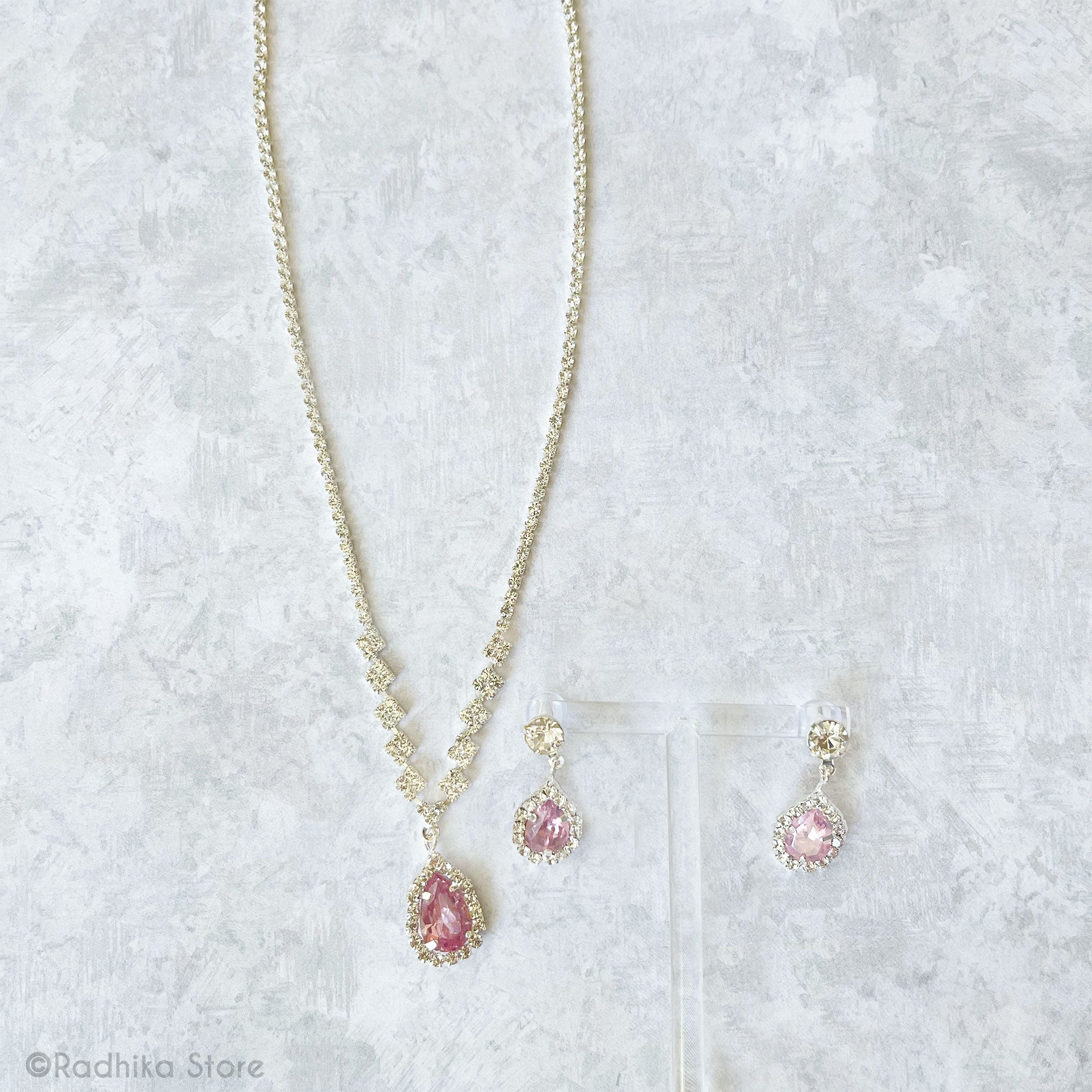 Pink Diamond Teardrops - Rhinestone Deity Necklace And Earring Set
