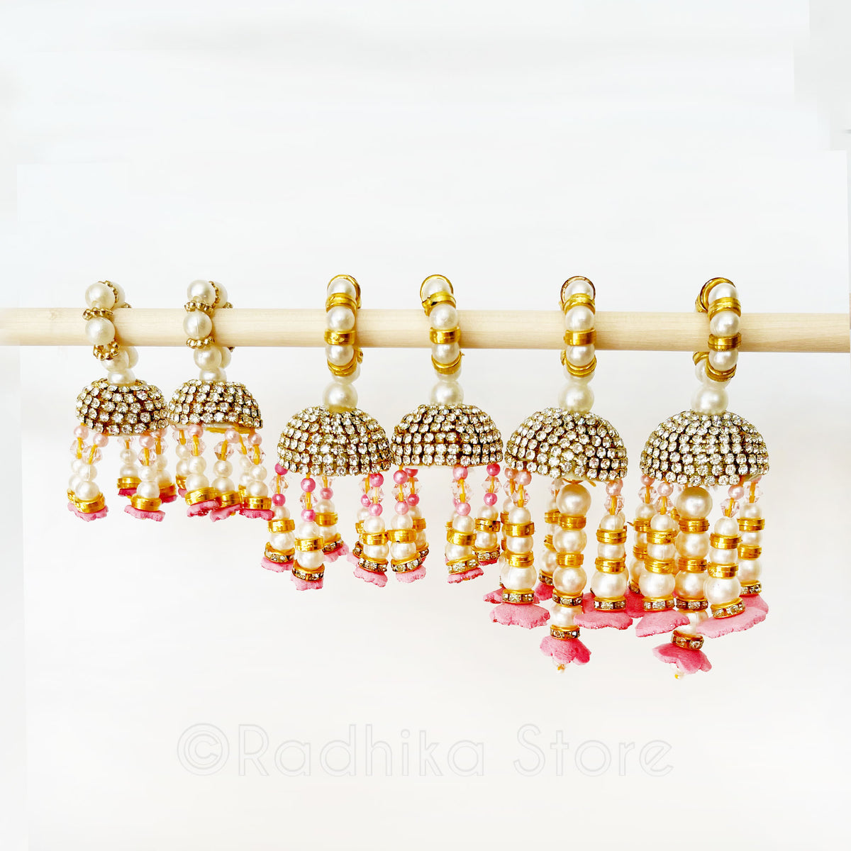 Vrindavan Flower Bell Bangles - Green, Orange and Pink - Set of 2