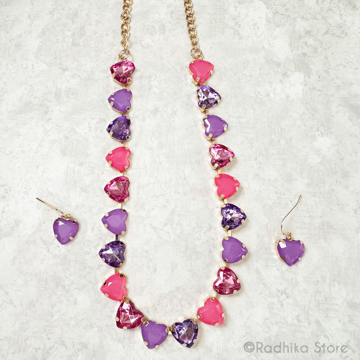 For The Love of God-Pink and Purple Hearts- Crystal-Deity Necklace - And Earring Set