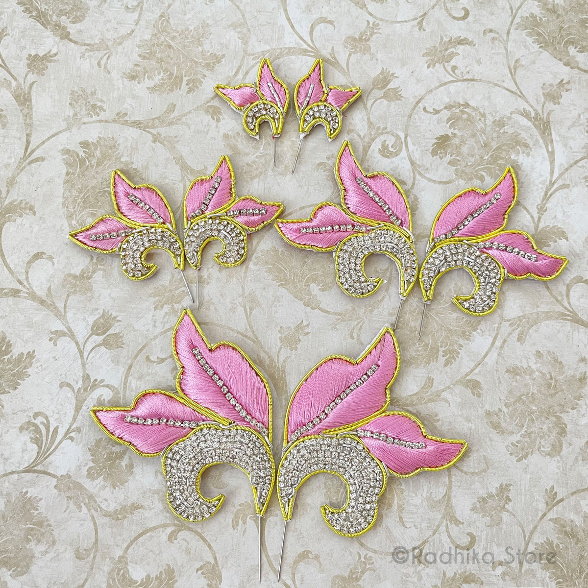 Pink With Gold Embroidery Turban Pins - Leaf Curls - Set of 2