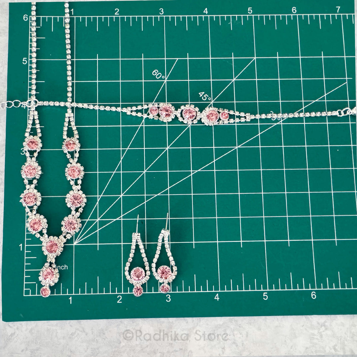 Flower Drops - Rhinestone Deity Necklaces Belt And Earring Set -  Pink or Blue