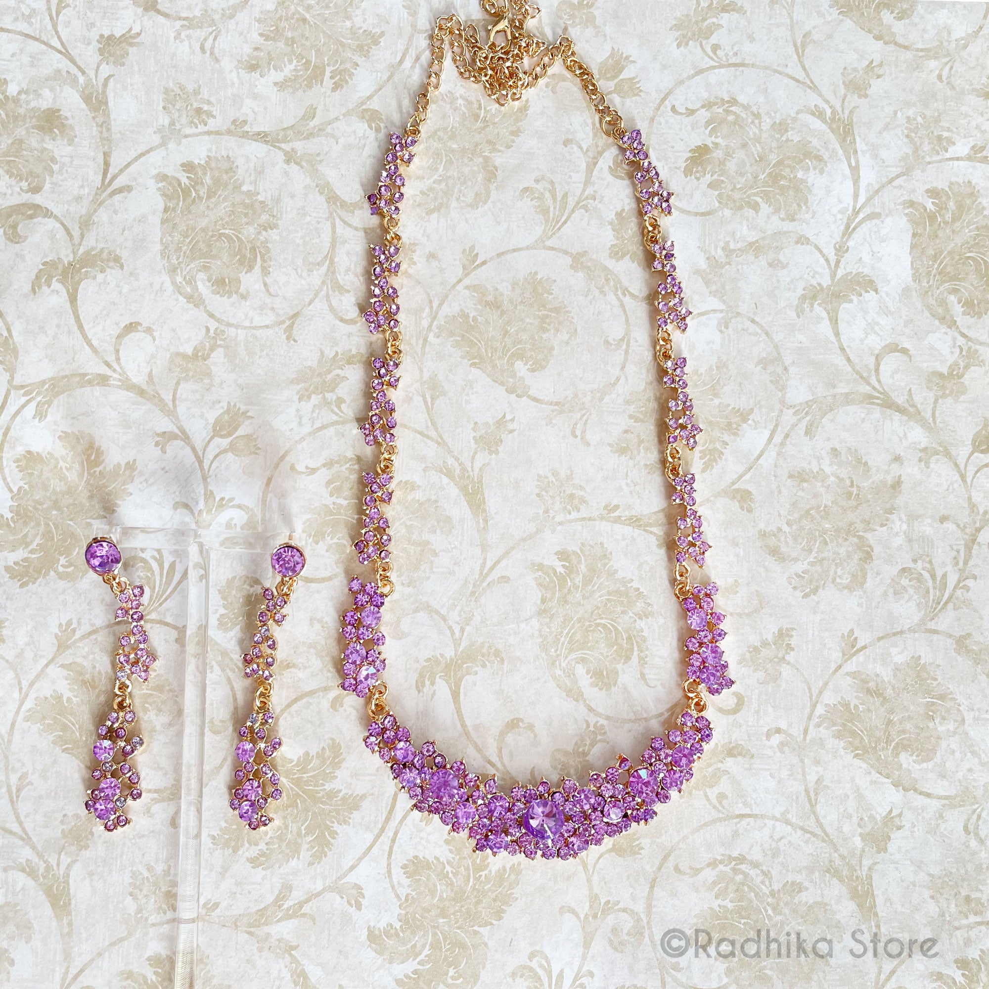 Madhuram - Rhinestone - Deity Necklace And Earring Set- Pink or Light Purple