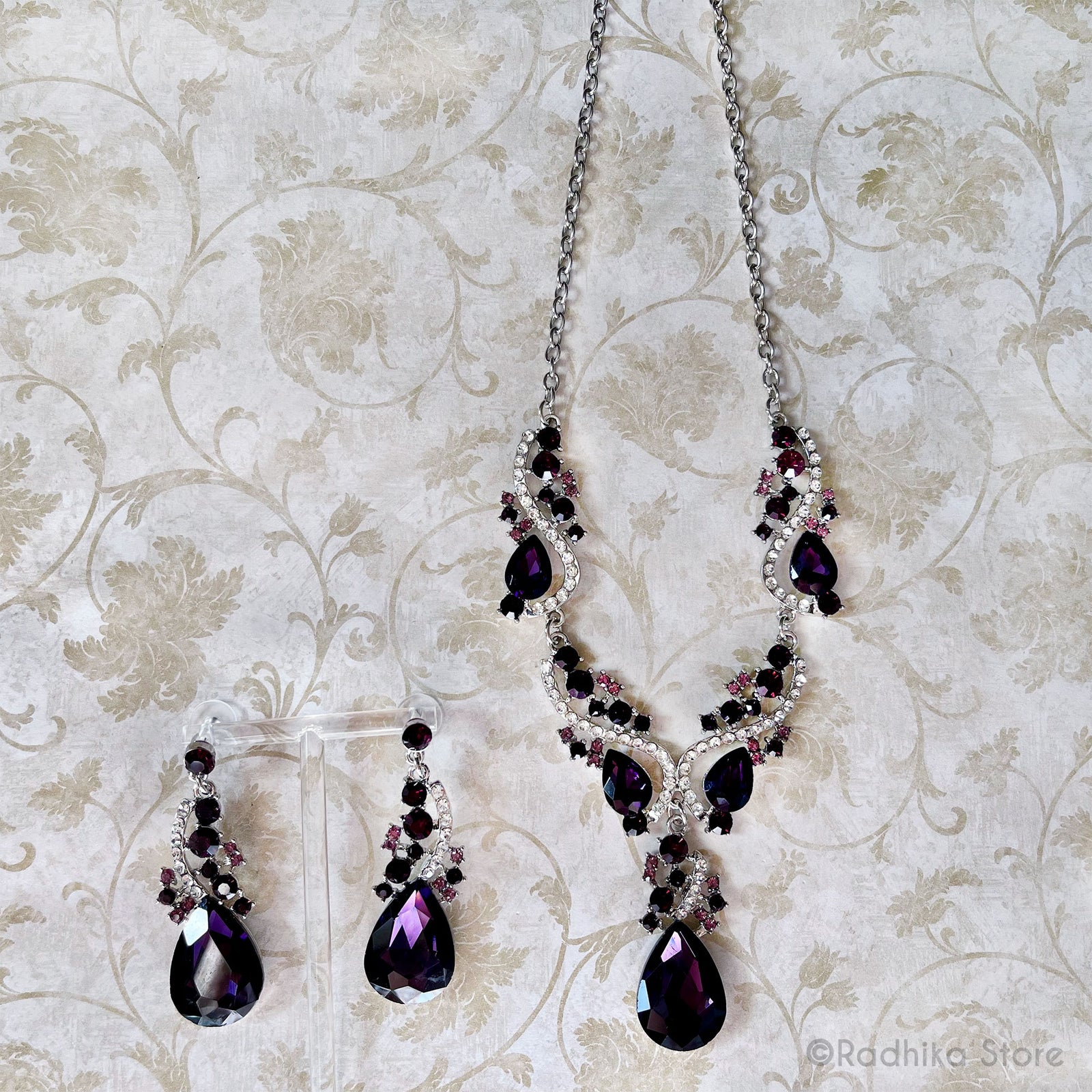 Purple Peacock Tears Crystal Rhinestone Deity Necklace And Earring Set