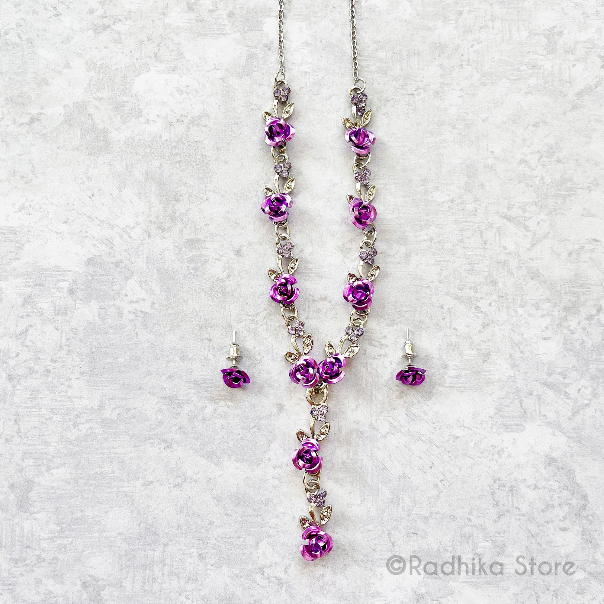 Purple Rose With Silver Vine- 8 Inch - Deity Necklaces and Earring Set
