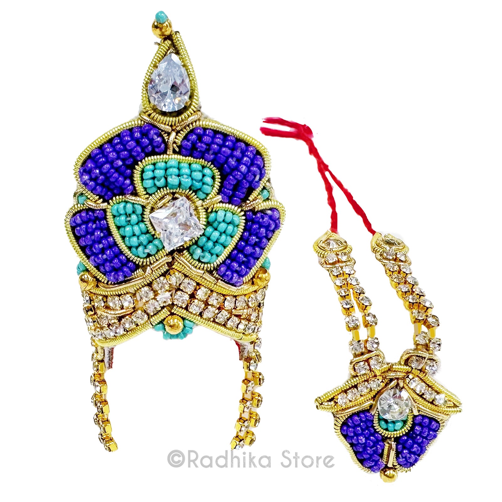 Purple Vrindavan Flower With - Teal - Deity Crown and Necklace Set