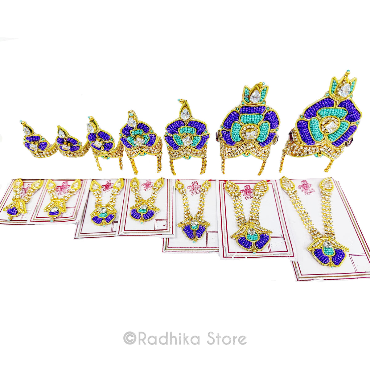 Purple Vrindavan Flower With - Teal - Deity Crown and Necklace Set