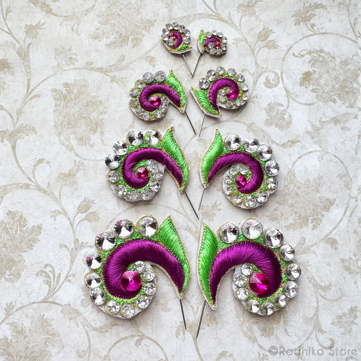 Transcendental Waves - Purple and Bright Green - Embroidery Turban Pins - Set of 2