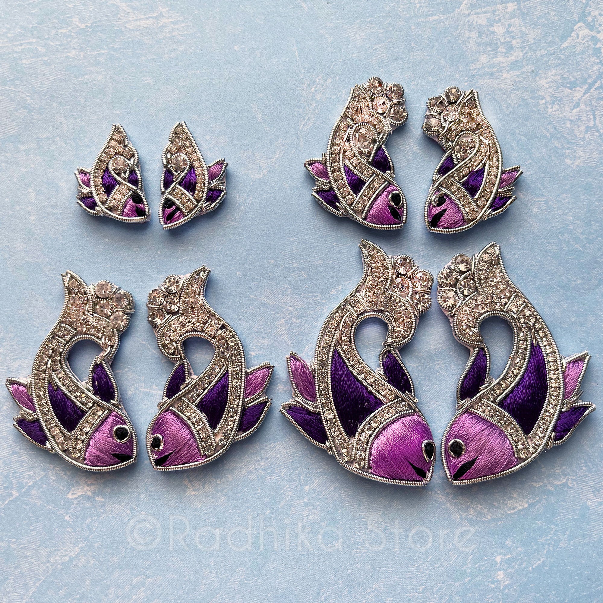 Purple And Silver - Matsya Embroidery - Set of 2 Turban Pins/Earrings