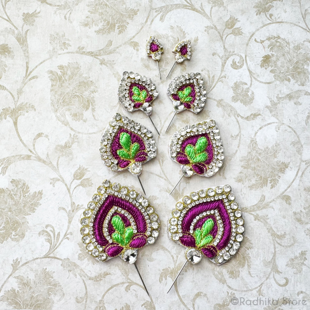 Festival Fan -  Purple and Bright Green - Embroidery Turban Pins - Set of 2