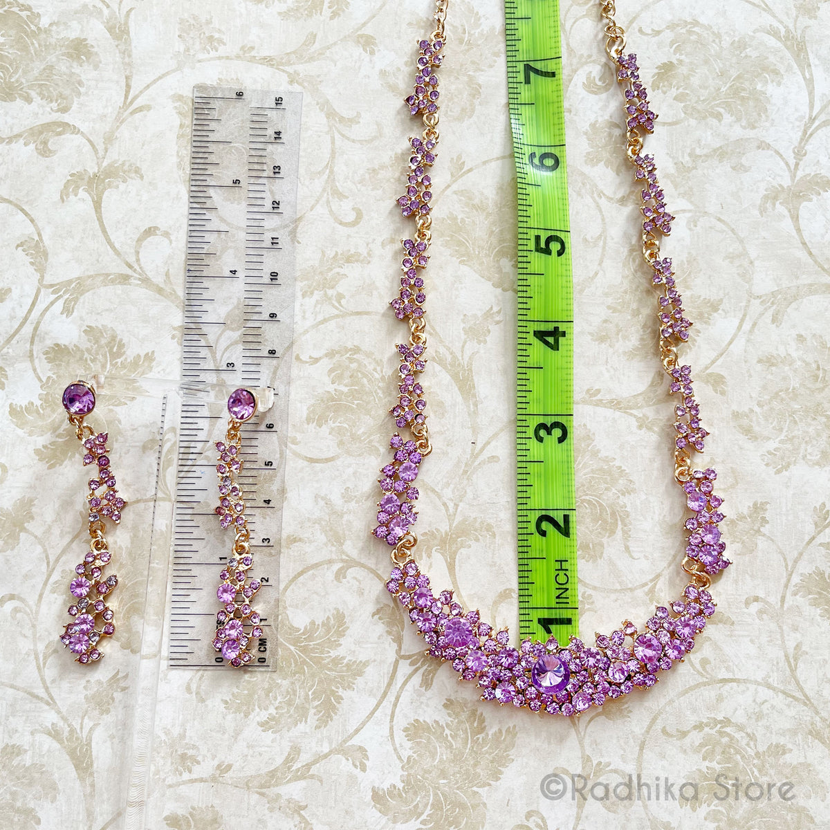 Madhuram - Rhinestone - Deity Necklace And Earring Set- Pink or Light Purple