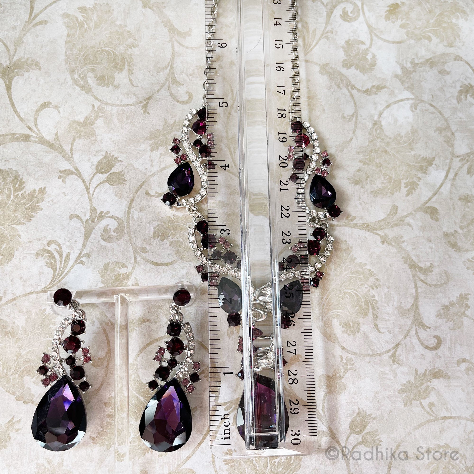 Purple Peacock Tears Crystal Rhinestone Deity Necklace And Earring Set