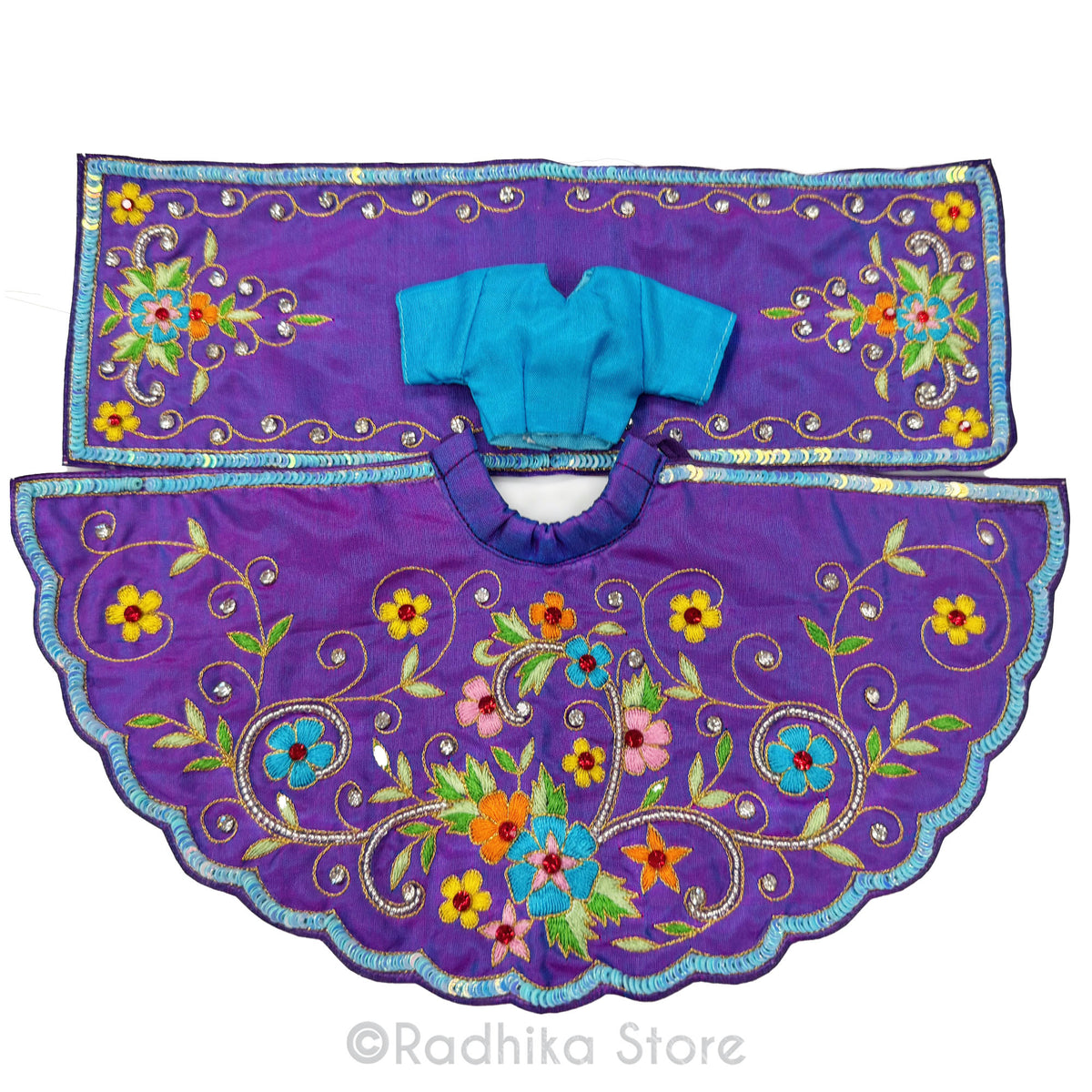 Flowers in Radha Kund - Purple and Turquoise Blue - Silk - Radha Krishna Deity Outfit