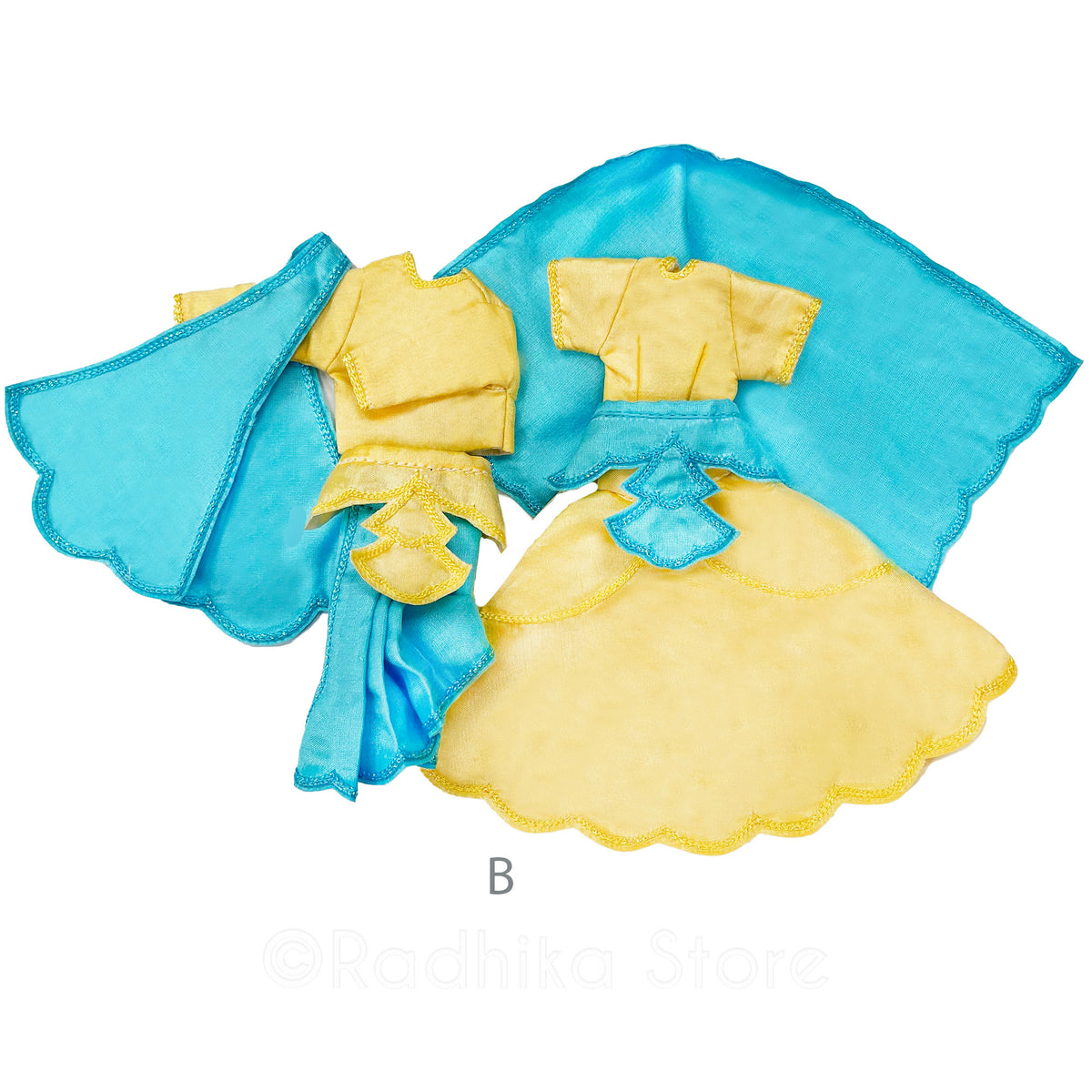 Blissful Moonbeam - Blue, Yellow Silk - Radha Krishna Deity Outfit