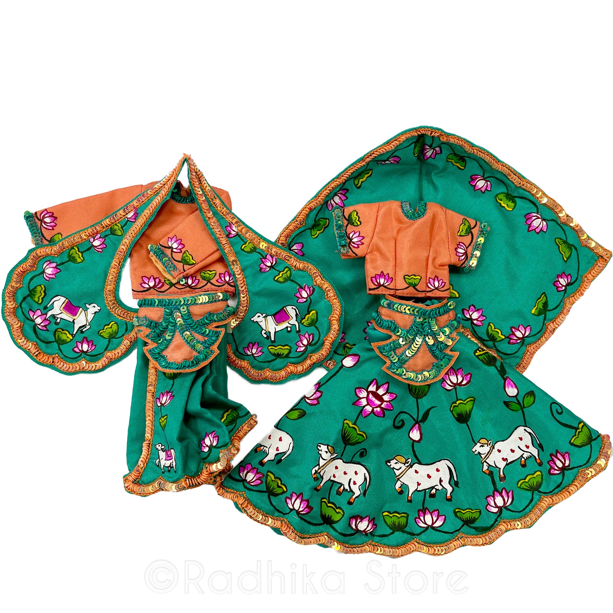 Kusam Sarovara Surabhi - Peach and Teal Green - Radha Krishna Deity Outfit- With Belt