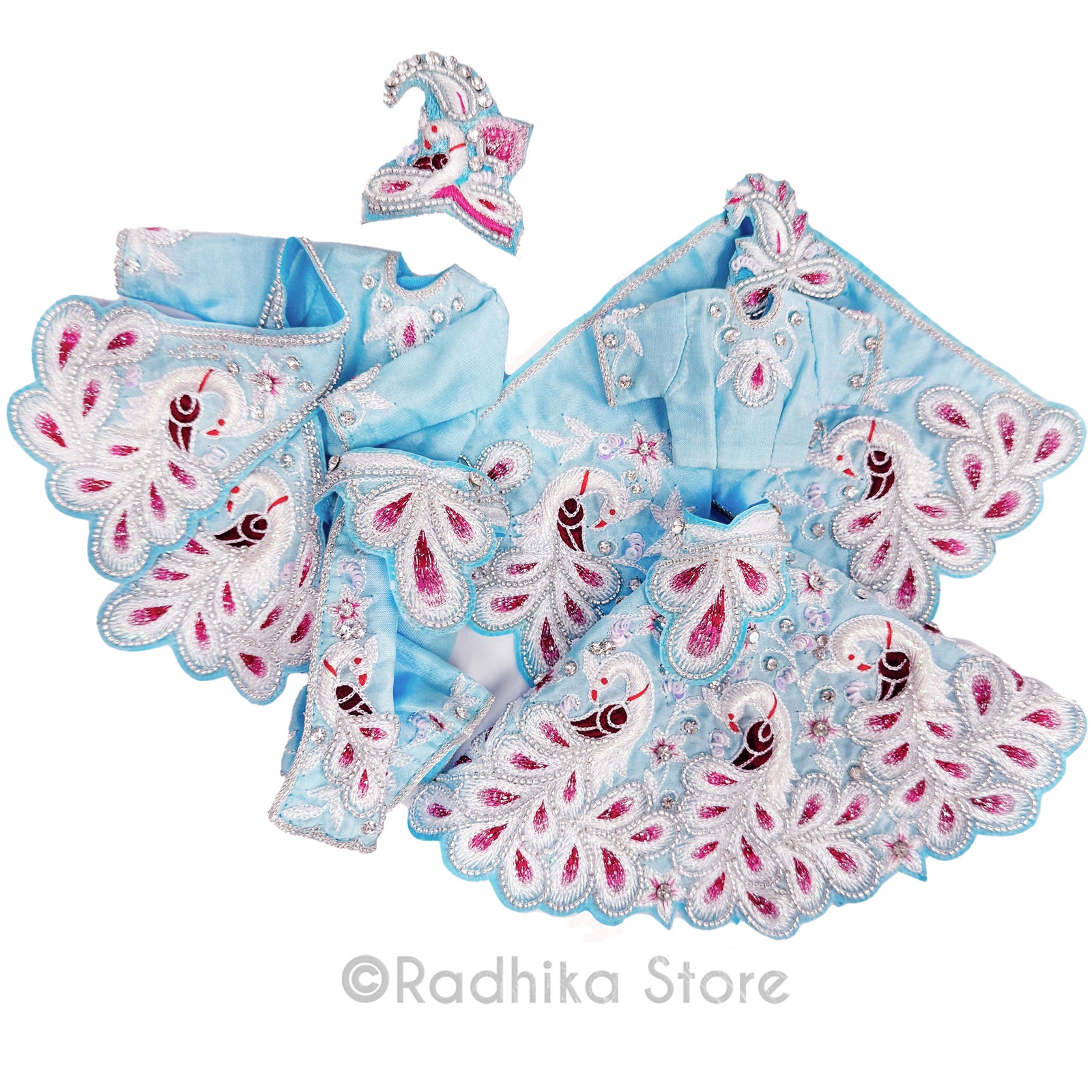 Vrindavan White Peacocks - Baby Blue - Silk - Radha Krishna Deity Outfit