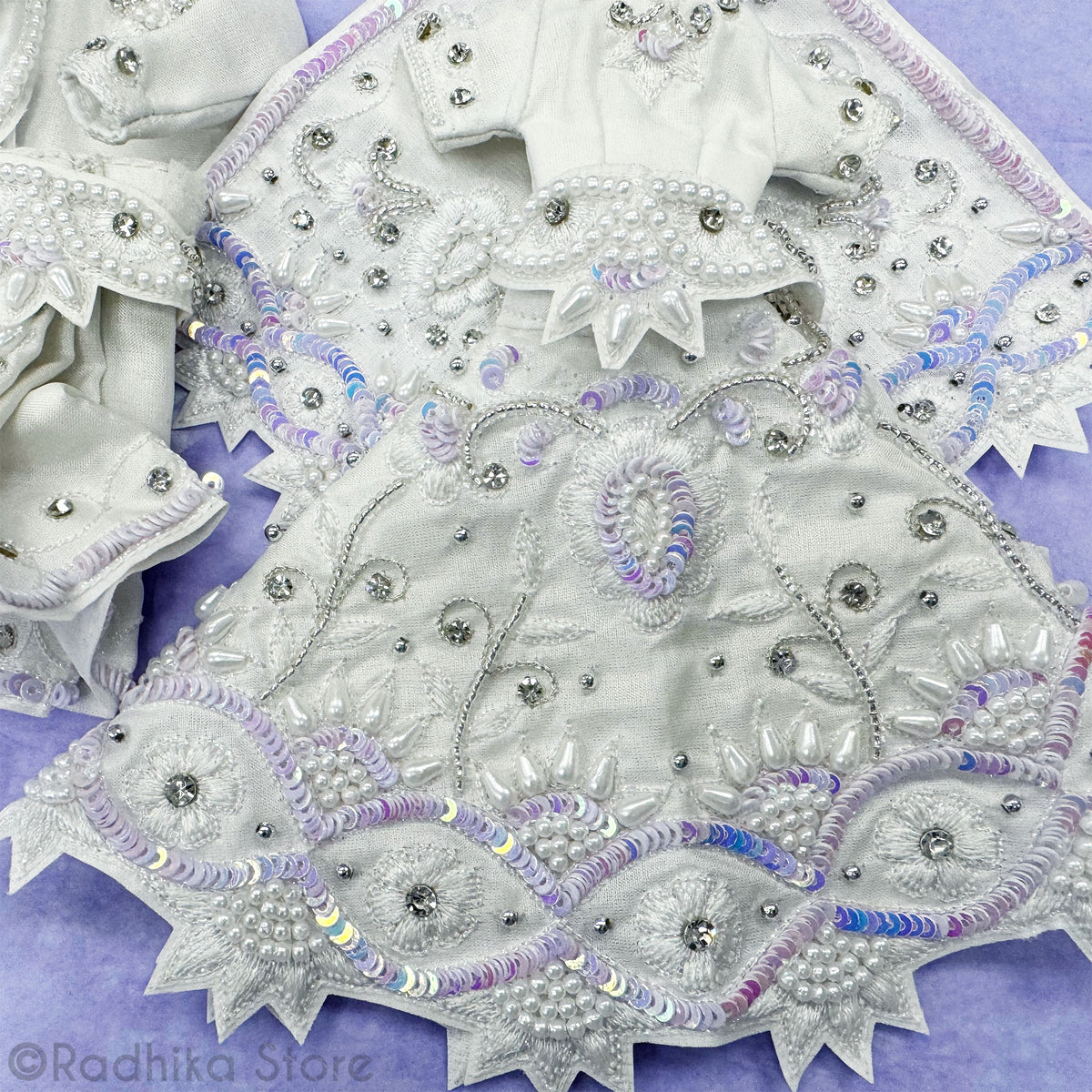 Krishna&#39;s Pearl Garden - White - Silk - Radha Krishna Deity Outfit