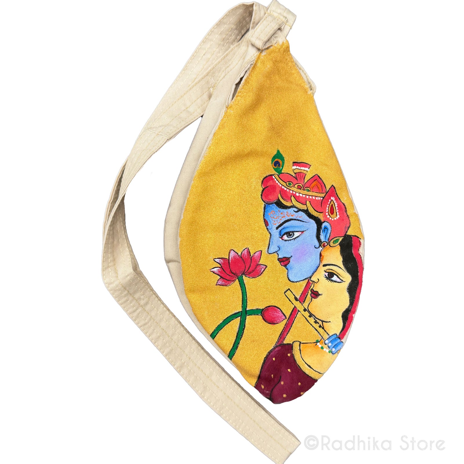 Sri Radha Murli Krishna - Hand Painted - Light Beige Thick Cotton -Bead Bag