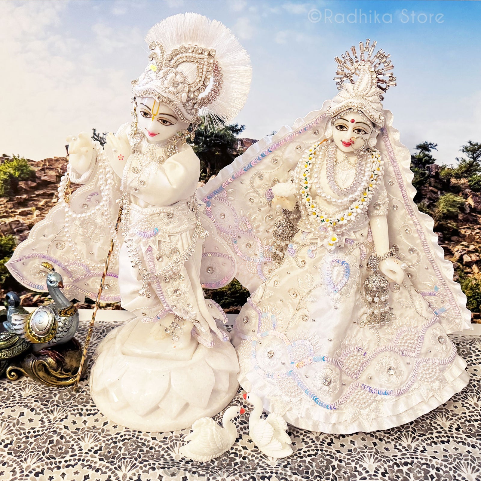Krishna's Pearl Garden - White - Silk - Radha Krishna Deity Outfit