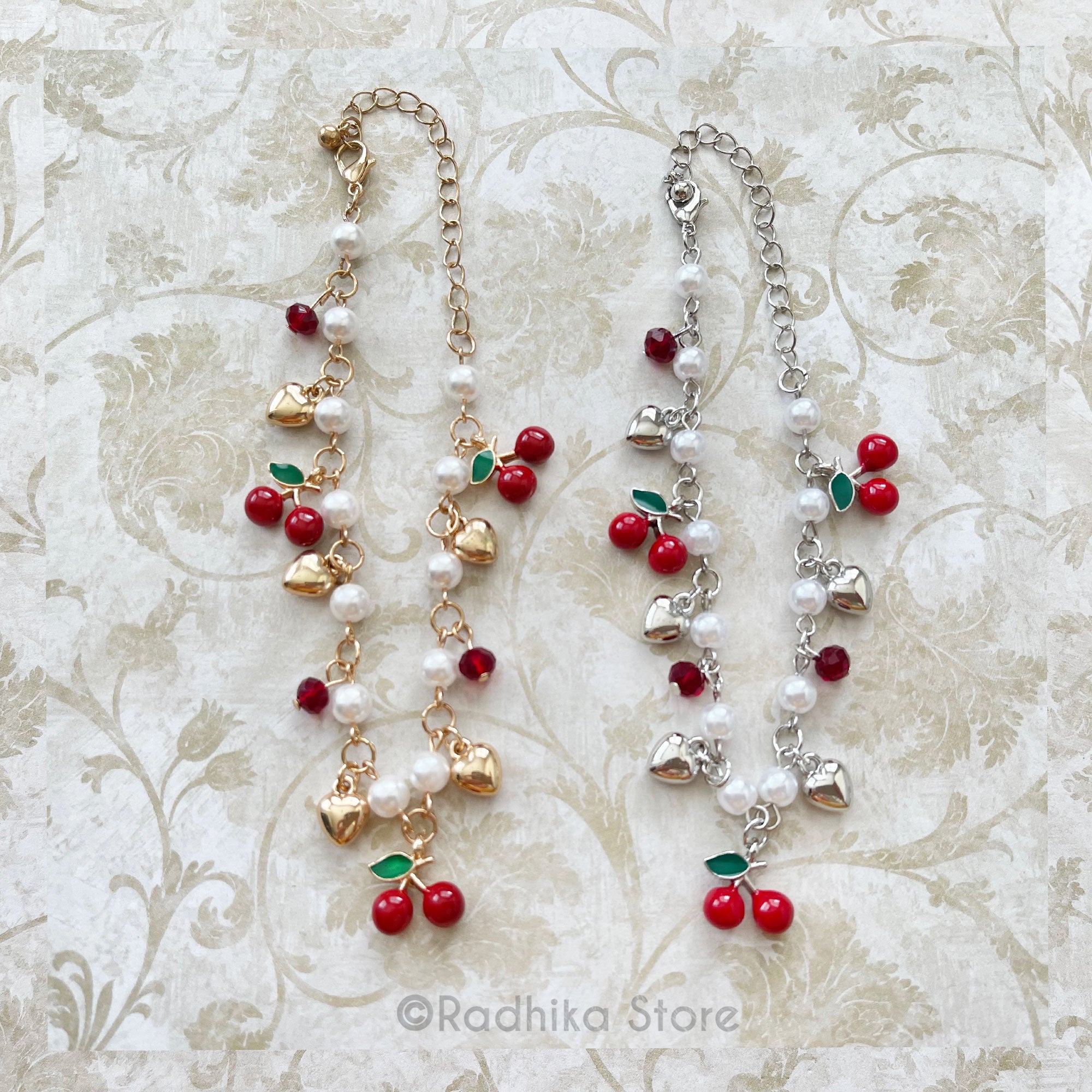 Red Cherry Hearts With Pearls- Deity Necklace