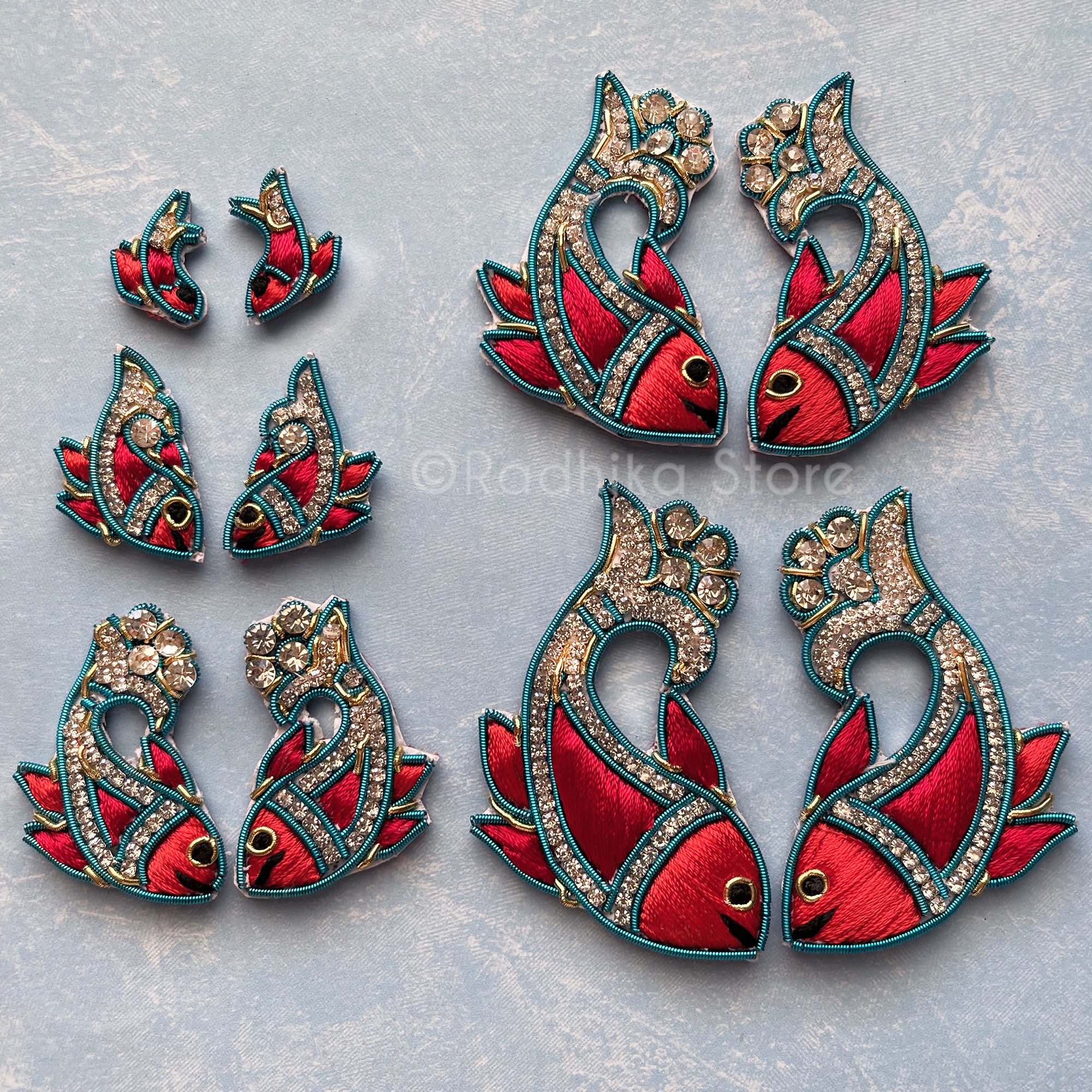 Red and Teal - Matsya Embroidery - Set of 2 Turban Pins/Earrings