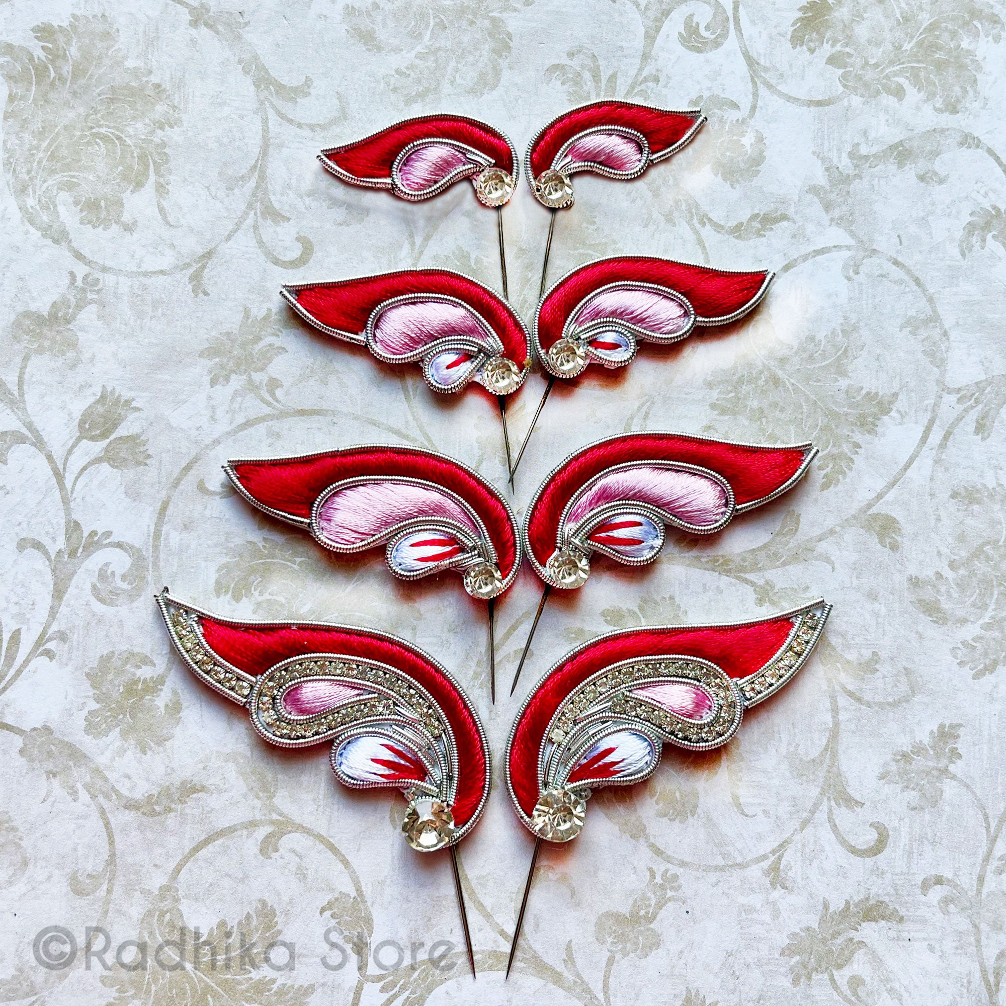 Butterfly - Red and Pink - Embroidery Turban Pins Set of 2