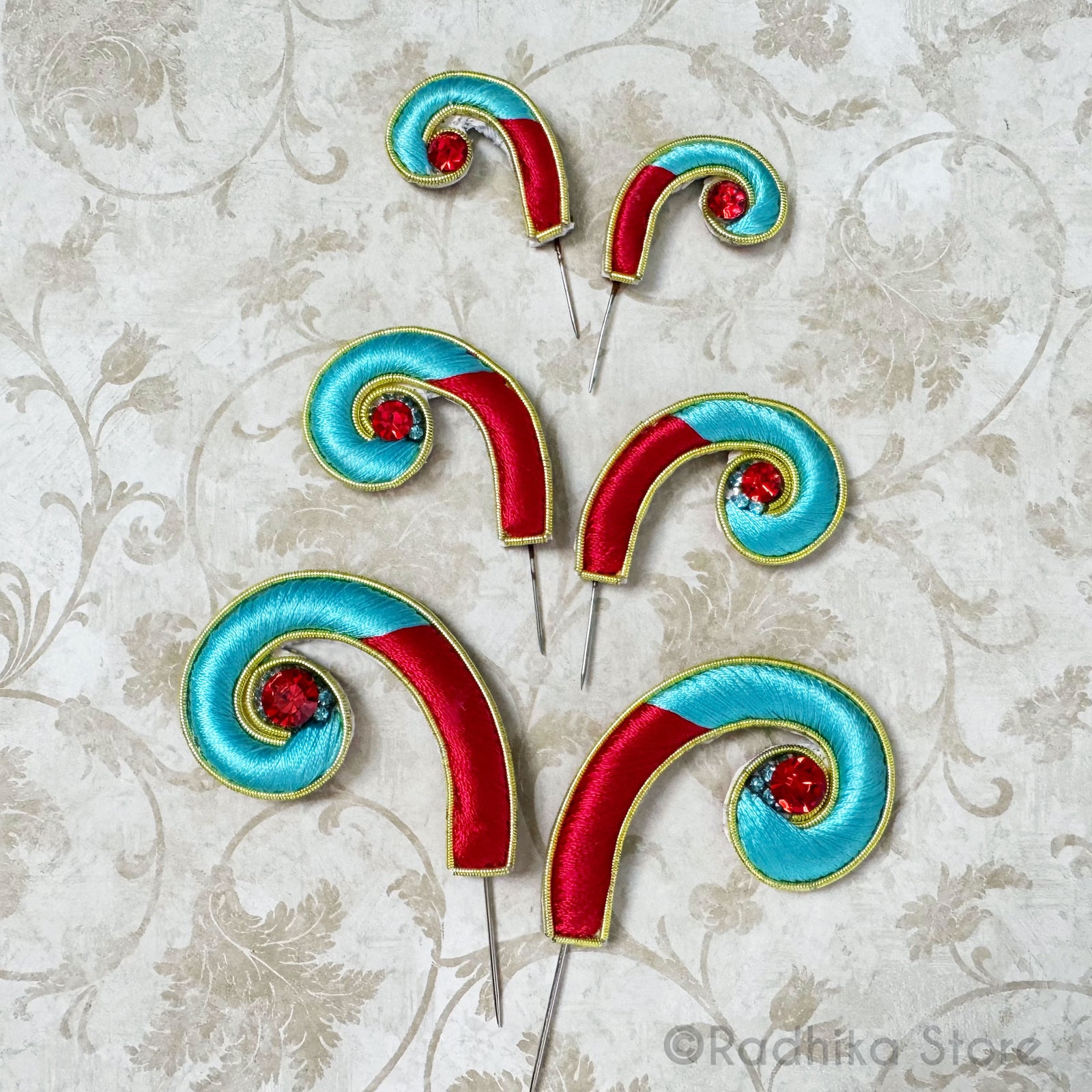 Mayapur Curls - Red and Teal - Embroidery Turban Pins - Set of 2