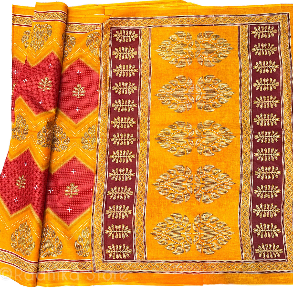 Vedic Designs -  Marigold and Orange/Red- Cotton Saree